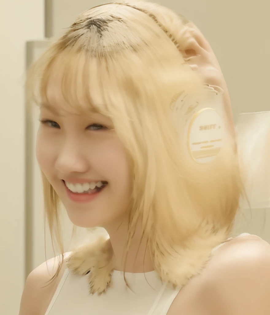 young japanese woman, wearing beige and white tight sleeveless tops, in empty off-white room with some walls, The Clipping of footage shot on home video, with a soft lighting to highlight her feature and smile, Composition with movement, with warm colors adding warmth, wide shot