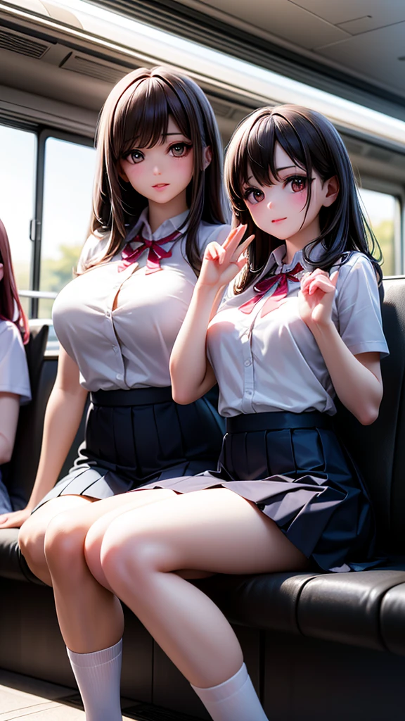 a group of 3 beautiful young girls with long brown hair and brown eyes sitting on a train station platform, looking at the viewer with gentle smiles, their bangs framing their faces, wearing white collared shirts and pleated blue skirts, their friends with black and brown hair sitting beside them in similar outfits with striped socks and pleated skirts, their hands raised in a friendly gesture, flying sweat drops adding to the lively, energetic atmosphere, (best quality,8k,highres,masterpiece:1.2),ultra-detailed,(realistic,photorealistic,photo-realistic:1.37),studio lighting,vivid colors,physically-based rendering,professional,extremely detailed eyes and face,longeyelashes,beautiful detailed eyes,beautiful detailed lips