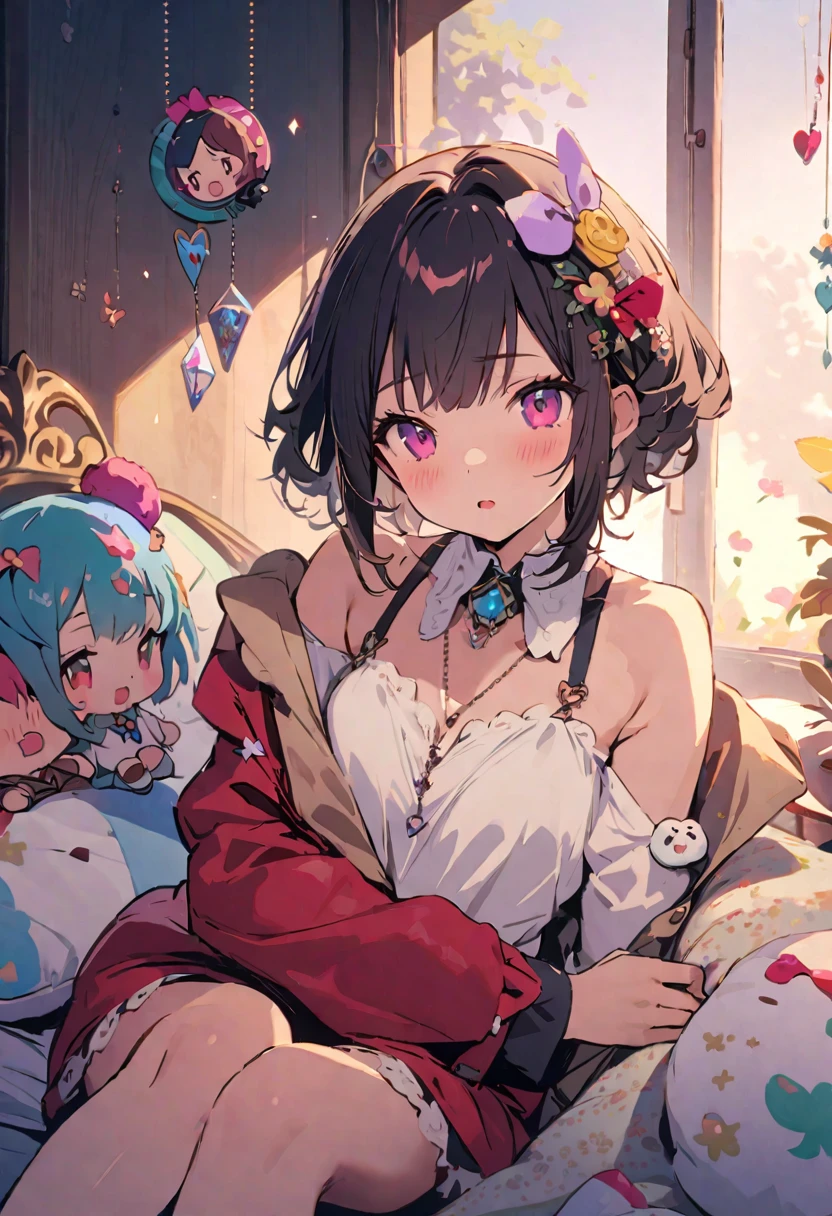 masterpiece, Highest quality, Illustration of the novel, High resolution, 18+ Adult content, Sensual, Intimate, Emotional, Passionate, romantic, sweet, Adorable, Innocent, Pure, Charmな, Charmな, Charm, mysterious, Charmな, Charmな, Immersive, Charmな, dream-like, Surreal, Imaginative, Whimsical, Artistic, Avant-garde, timeless, elegant, Sophisticated, chic, Sophisticated, personality, original, ((Cute little girl's mimic chest:1.3))、smile,((Sunrise Time/Sunrise time/sunrise time:1.3))
