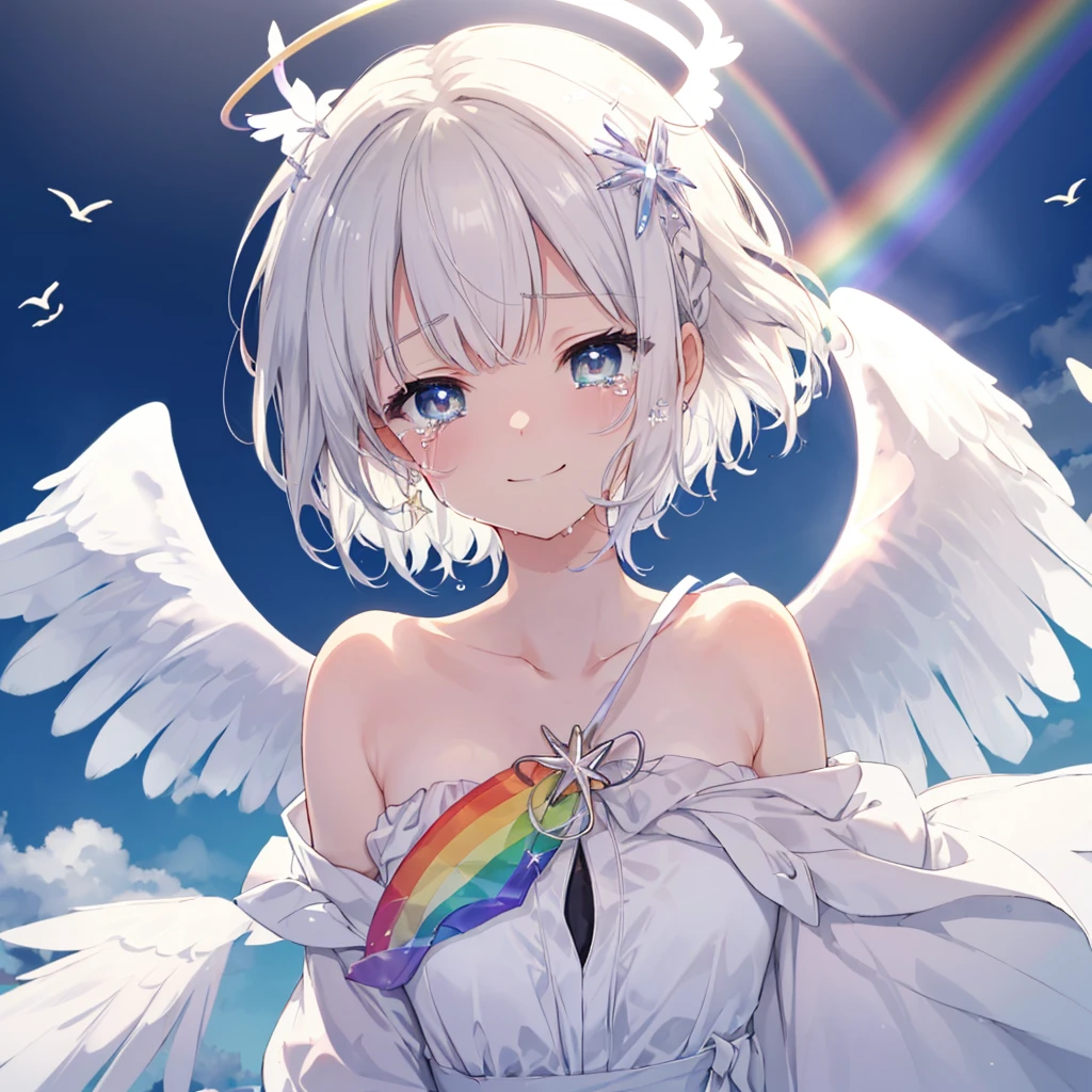 (((Extreme close-up tears smile Low - Angle Dove of peace Angel Halo))) ((輝くtears Rainbow Eyes Short Hair Receiving the light Rainbow light Place your hand on your chest)) (Shining Edge Pillar of Light)