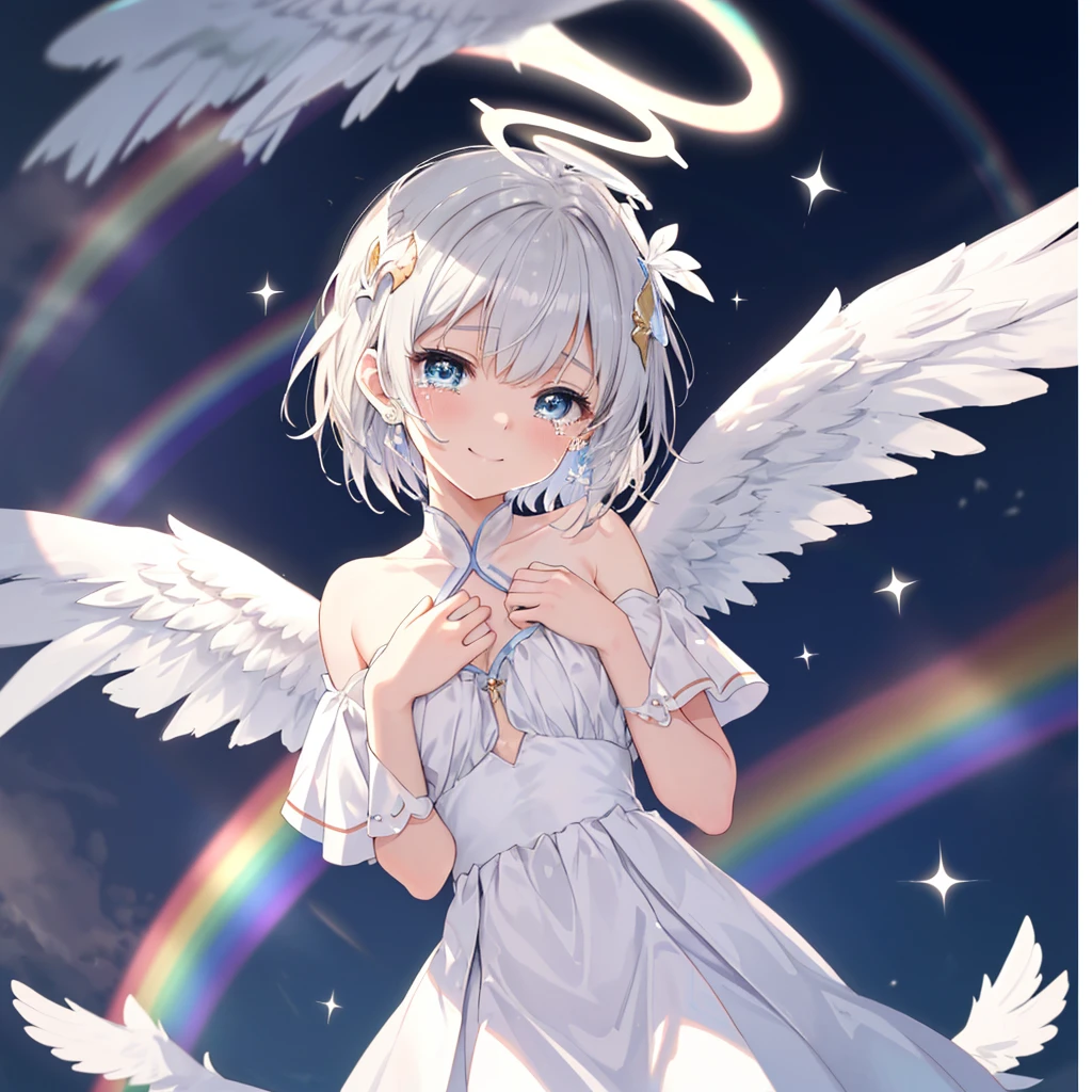 (((Extreme close-up tears smile Low - Angle Dove of peace Angel Halo))) ((輝くtears Rainbow Eyes Short Hair Receiving the light Rainbow light Place your hand on your chest)) (Shining Edge Pillar of Light)