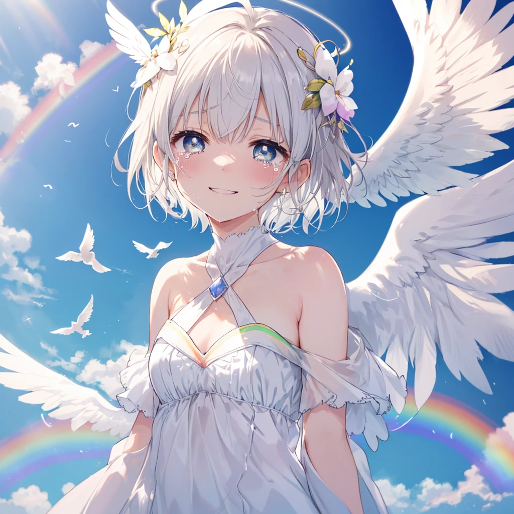 (((Extreme close-up tears smile Low - Angle Dove of peace Angel Halo))) ((輝くtears Rainbow Eyes Short Hair Receiving the light Rainbow light Place your hand on your chest)) (Shining Edge Pillar of Light)
