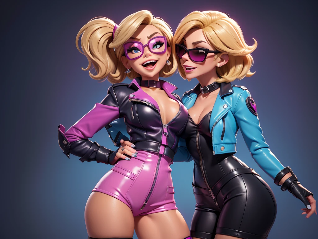 obra prima, melhor qualidade, ((joan rivers, tan skin, short blonde bob hair,)) head back, ((sassy wicked, open mouth, big teeth smile, shiny periwinkle lipstick, sunglasses,)) thick smoky black eye shadow, long fake eyelashes, sticking tongue out, (cerulean blue leather jacket with bob shoulder,) biker jacket has stiff collar, leather blouse, ((magenta pvc shorts, pockets, unzipped front,)) studs zippers snaps, shiny leather gloves, nip slip, body is skinny, laying down hugging each other on sofa, shiny tight buttocks, arched back, mashing breasts, ((passionate kissing, pelvis grinding,)) camera view of whole body, looking up at me, shallow depth of field, highres, HD, 8k, anatomically correct