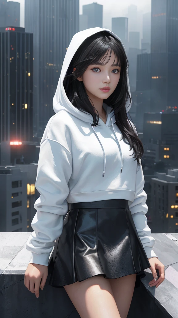 (1girl:1.3), Solo, (((Very detailed face)))), ((Very detailed eyes and face)))), Beautiful detail eyes, Body parts__, Official art, Unified 8k wallpaper, Super detailed, beautiful and beautiful, beautiful, masterpiece, best quality, original, masterpiece, super fine photo, best quality, super high resolution, realistic realism, sunlight, full body portrait, amazing beauty, dynamic pose, delicate face, vibrant eyes, (from the front), She wears white hoodie, with black long hair, with black skirt, look adult, look 21 years old, a little bit sexy, with big , very detailed city roof background, rooftop, overlooking the city, detailed face, detailed complex busy background, messy, gorgeous, dark hoody, highly detailed skin, realistic skin details, visible pores, clear focus, volumetric fog, 8k uhd, DSLR, high quality, film grain, fair skin, photo realism, lomography, futuristic dystopian megalopolis, translucent, night sky.