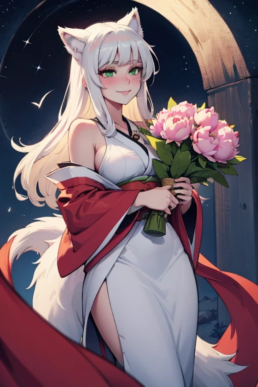 young white haired wolf woman with green eyes with an hourglass figure and white wolf ears and a white wolf tail in a pretty kimono is  holding a bouquet of peonies while watching the stars with a smile and a blush