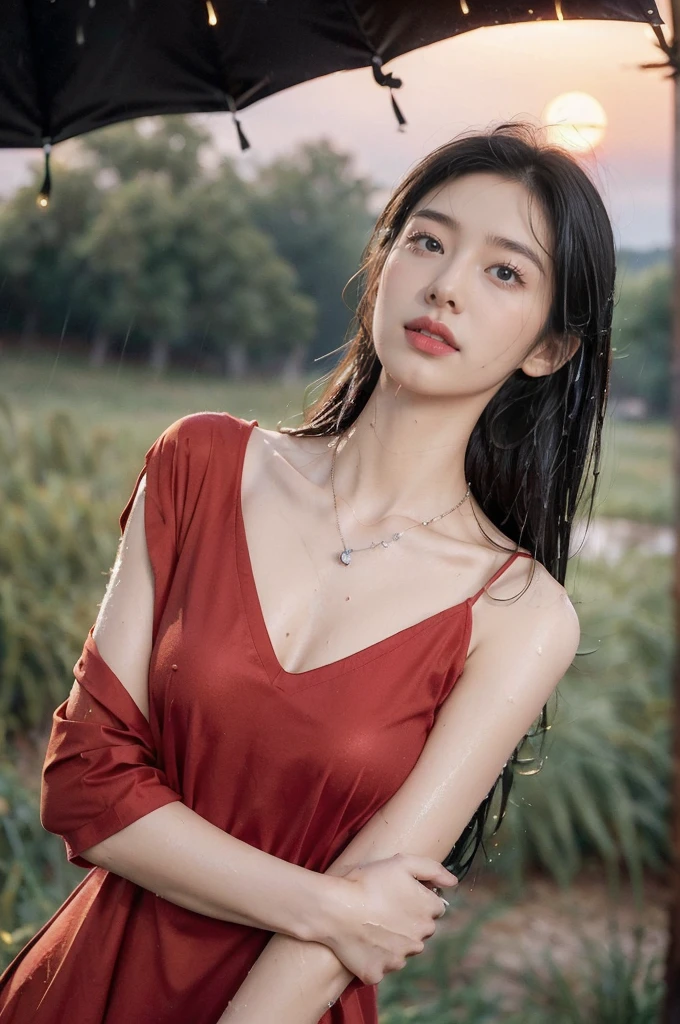 (((best quality))),(((ultra detailed))),(((masterpiece))),illustration,((1 beautiful girl,solo)),((slim,thin,flat chest)),(shoulder length straight bob hair:1.2),flowing hair,fair skin,(shiny skin:1.3),detailed eyes,laughing,(red shirt-dress:1.3),delicate necklace,grass,dewdropletts,trees,bird chirping,serenity,gratitude,awe,wonders of nature,peace,contentment,magnificent world,summer,(pitch-dark dawn:1.5),(night scene:1.3),((upper body,from front)),after rain,(wet:1.3),standing,on the path,At the mountaintop,confident gaze,elegant posture,mysterious atmosphere,solemn mood,dawn approaching,detailed decorations,(sunrise:1.3),(cloudy sky:1.2),rainbow,(Rural Landscape:1.2),horizon,