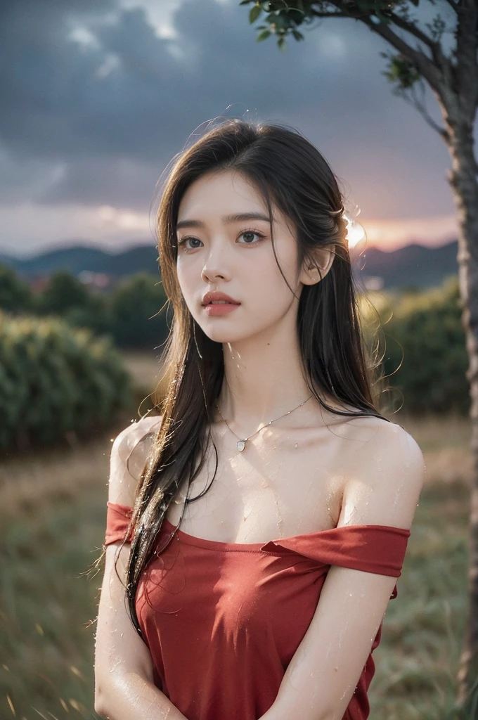 (((best quality))),(((ultra detailed))),(((masterpiece))),illustration,((1 beautiful girl,solo)),((slim,thin,flat chest)),(shoulder length straight bob hair:1.2),flowing hair,fair skin,(shiny skin:1.3),detailed eyes,laughing,(red shirt-dress:1.3),delicate necklace,grass,dewdropletts,trees,bird chirping,serenity,gratitude,awe,wonders of nature,peace,contentment,magnificent world,summer,(pitch-dark dawn:1.5),(night scene:1.3),((upper body,from front)),after rain,(wet:1.3),standing,on the path,At the mountaintop,confident gaze,elegant posture,mysterious atmosphere,solemn mood,dawn approaching,detailed decorations,(sunrise:1.3),(cloudy sky:1.2),rainbow,(Rural Landscape:1.2),horizon,