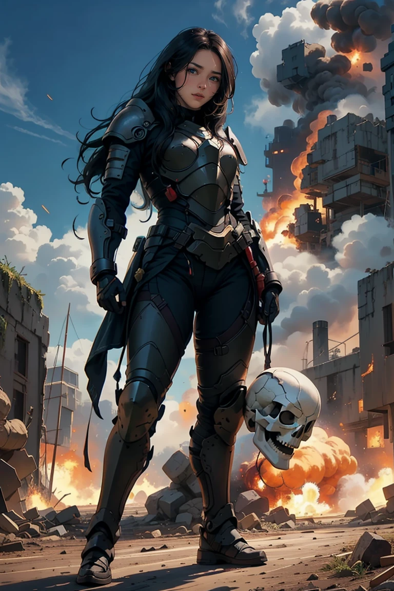 1 girl, black long hair, wearing battle armor, pose, fullbody shot, hand holding head skull flag, at the battle place, explosion,