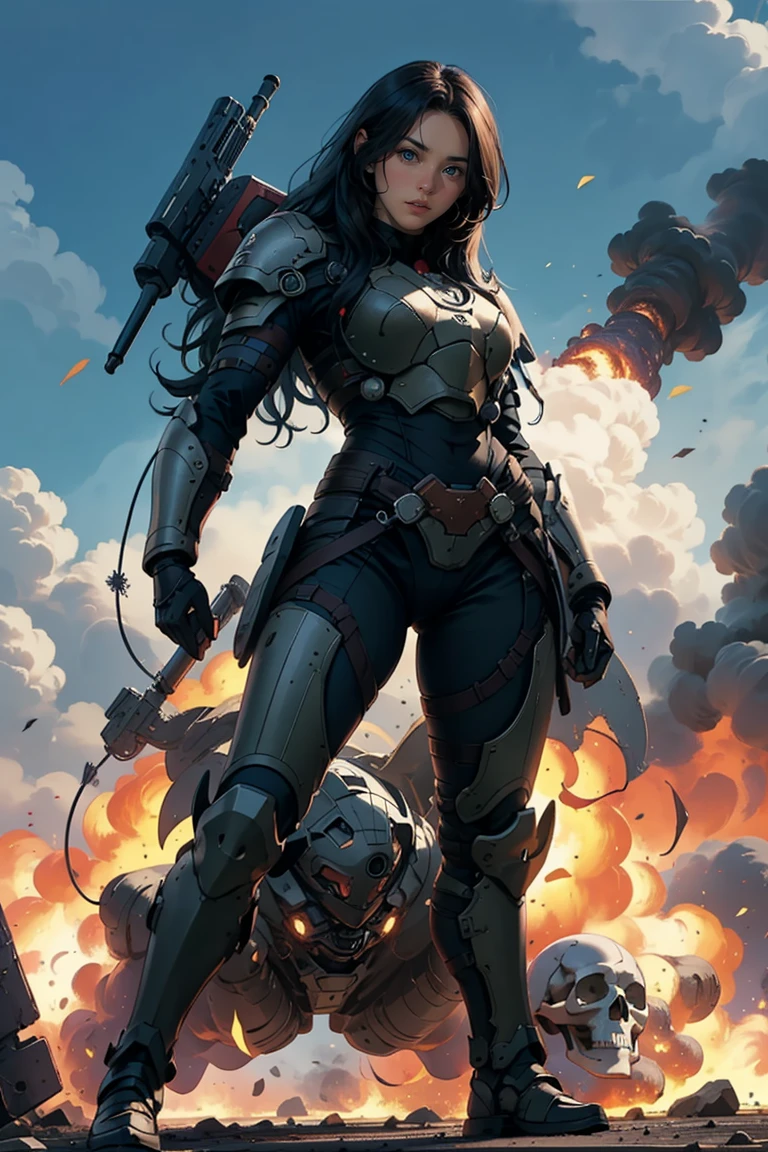 1 girl, black long hair, wearing battle armor, pose, fullbody shot, hand holding head skull flag, at the battle place, explosion, 