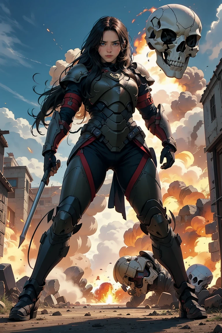 1 girl, black long hair, wearing battle armor, pose, fullbody shot, hand holding head skull flag, at the battle place, explosion,