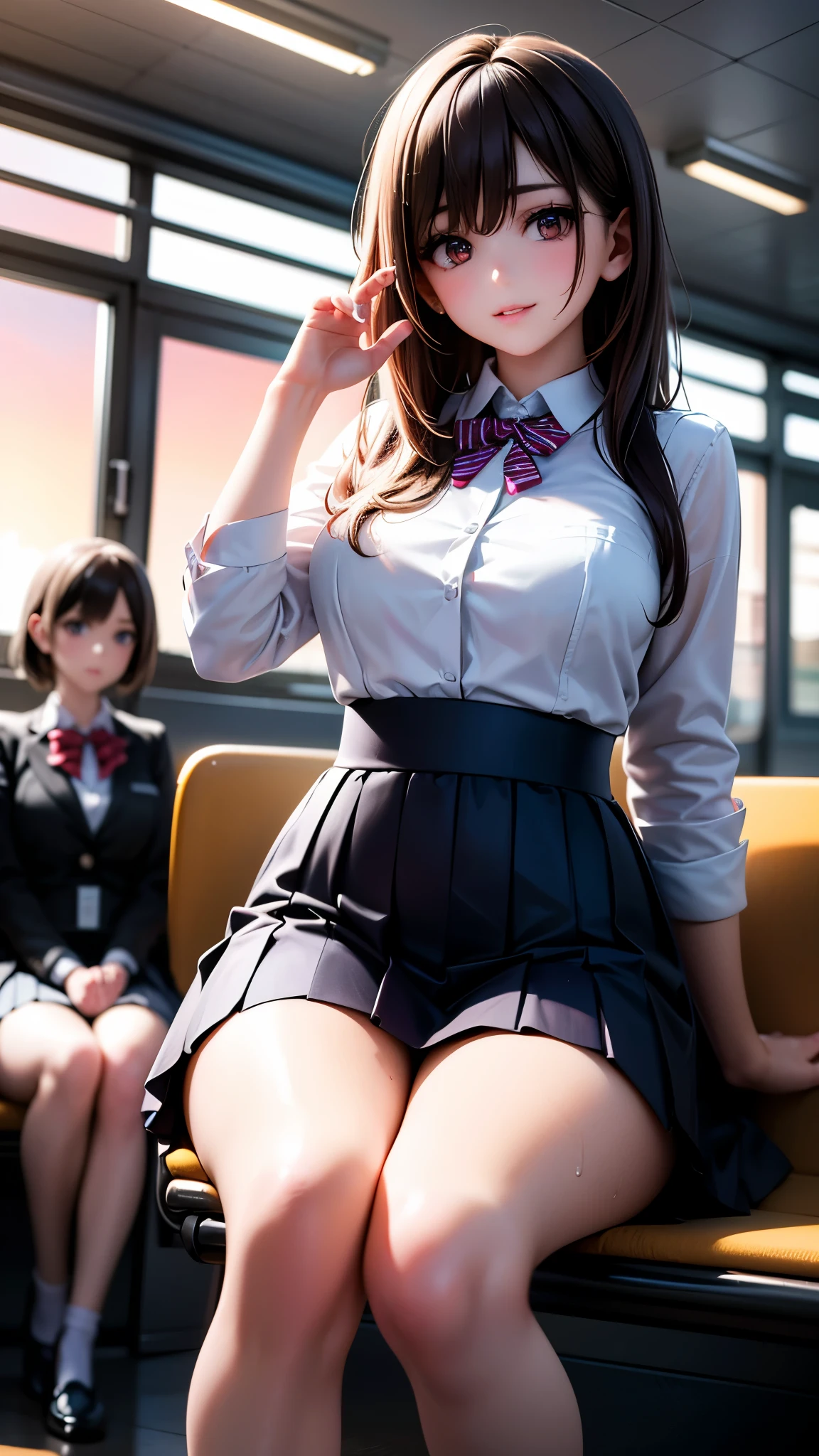 (beautiful 3girls:1.4), with long brown hair and brown eyes, looking at the viewer with a gentle smile, her bangs framing her face, wearing a white collared shirt and a pleated blue skirt, sitting on train station as the sun sets in the background, her friends with black and brown hair sitting beside her, all wearing similar outfits with striped socks and pleated skirts, their hands raised in a friendly gesture, flying sweat drops adding to the lively, energetic atmosphere, (3girls:1.4), (best quality,8k,highres,masterpiece:1.2),ultra-detailed,(realistic,photorealistic,photo-realistic:1.37),studio lighting,vivid colors,physically-based rendering,professional,extremely detailed eyes and face,longeyelashes,beautiful detailed eyes,beautiful detailed lips