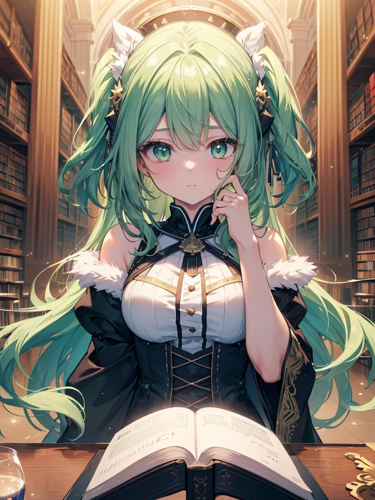 (masterpiece),(top-quality),(ultra-detailed),(high resolution),(in 8K animation),(beautifull detailed face),(beatiful detailed eyes),(anatomically correct),1girl,white fluffy hair,green eyes,library,witchcraft,a lot of glowing particles