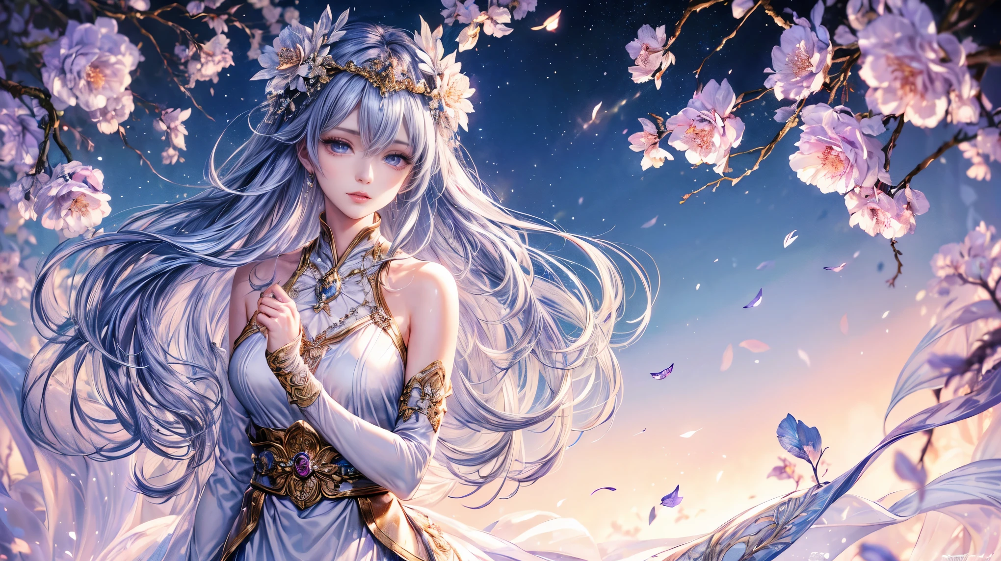 (Highest quality, 8K, CG, Beautiful and exquisite upper body,Fire Emblem: Genealogy of the Holy War,Deirdre, Delicate face,Purplish silver hair,Wavy Hair, Gradient Hair, Wearing a circlet, Floral Background, Purple eyes, Almond Eye, Exquisite eye makeup, 長さ eyelashes fluttering, Starry Sky, Delicate lip detail, Soft and harmonious style),Exposed shoulders, bracelet,gem,Elemental Sylph, Suspended particles, Mysterious Mechanics,Dynamic pose,holding a jewel in hand