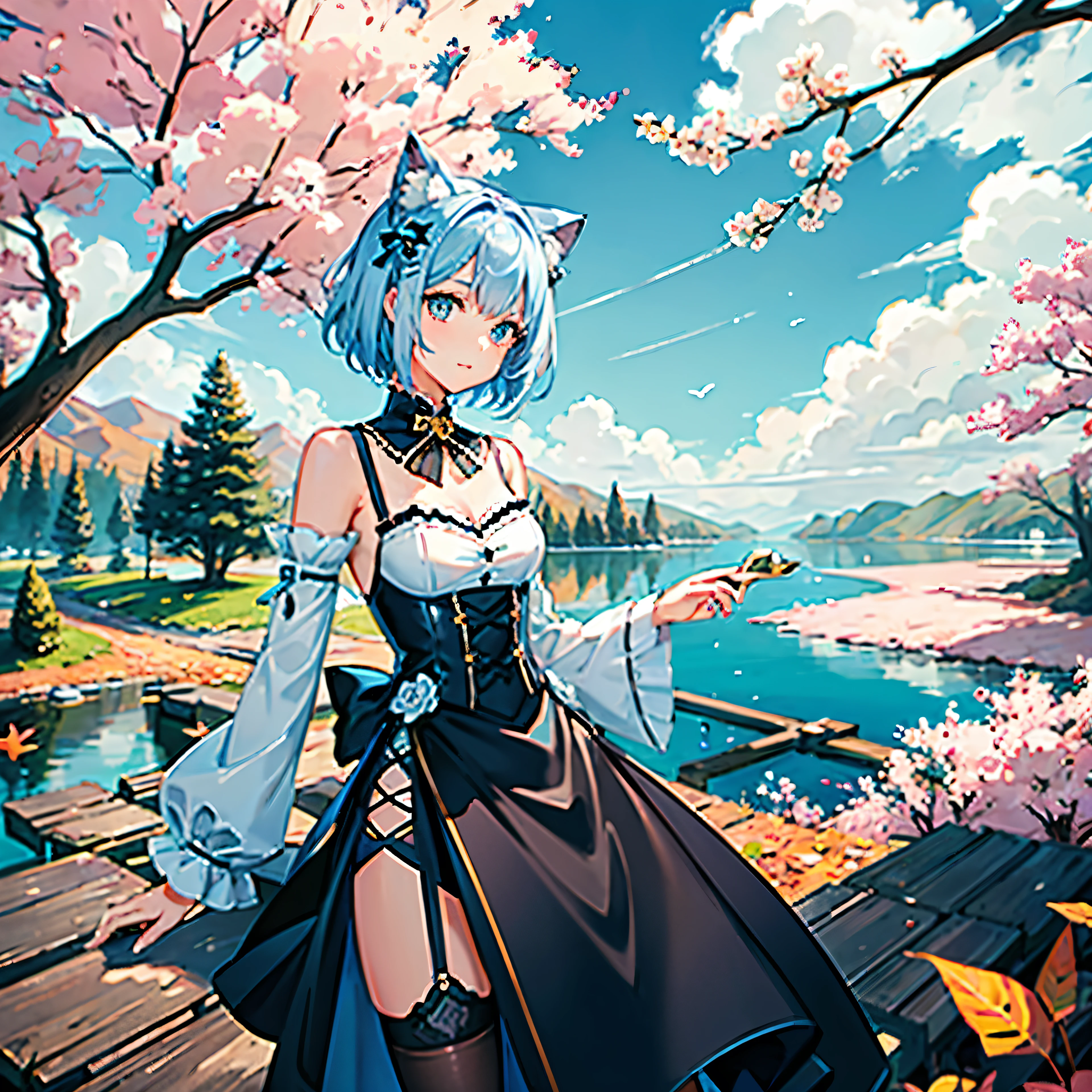 precision painting、Very delicate、Best image quality、Cheshire Cat、Metallic Chopper、length、short hair、Animal ears、Cat Ear Original、((One Girl))、landscape、scene、Red tree、forest、lake、autumn&#39;s、(Long dresses)