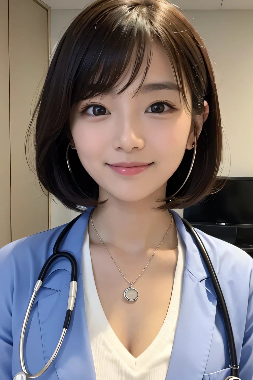 22-year-old female、Brown Hair、 Japanese women、、Necklace around the neck、White、Closed Mouth Smile、Doctor's attire、Stethoscope、Wavy Hair、short hair、Intricate details, Very detailed:1.2), 、 Looking into the camera,The background is the operating room、ear piercing