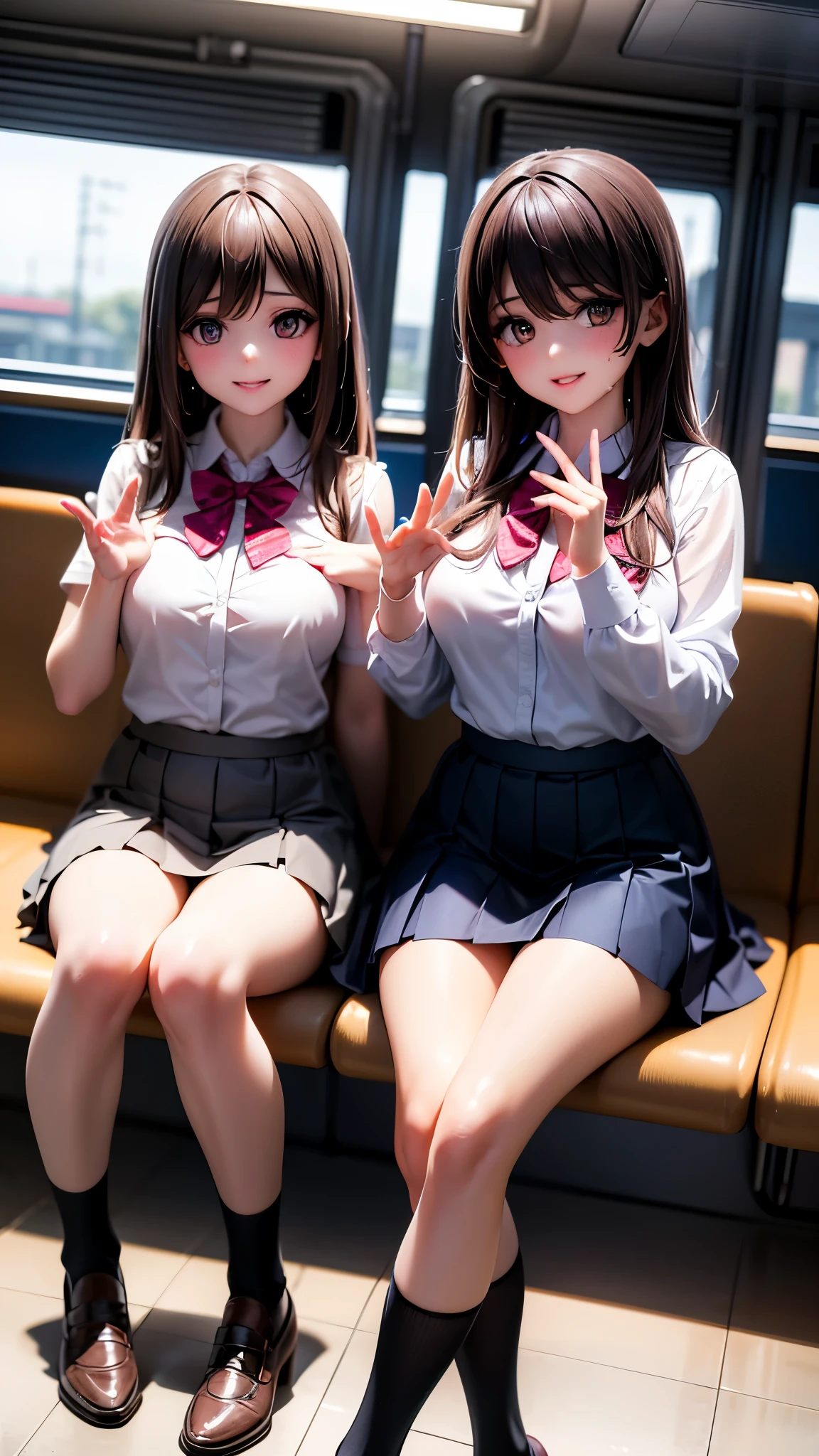 a group of 3 beautiful young girls with long brown hair and brown eyes sitting on a train station platform, looking at the viewer with gentle smiles, their bangs framing their faces, wearing white collared shirts and pleated blue skirts, their friends with black and brown hair sitting beside them in similar outfits with striped socks and pleated skirts, their hands raised in a friendly gesture, flying sweat drops adding to the lively, energetic atmosphere, (best quality,8k,highres,masterpiece:1.2),ultra-detailed,(realistic,photorealistic,photo-realistic:1.37),studio lighting,vivid colors,physically-based rendering,professional,extremely detailed eyes and face,longeyelashes,beautiful detailed eyes,beautiful detailed lips