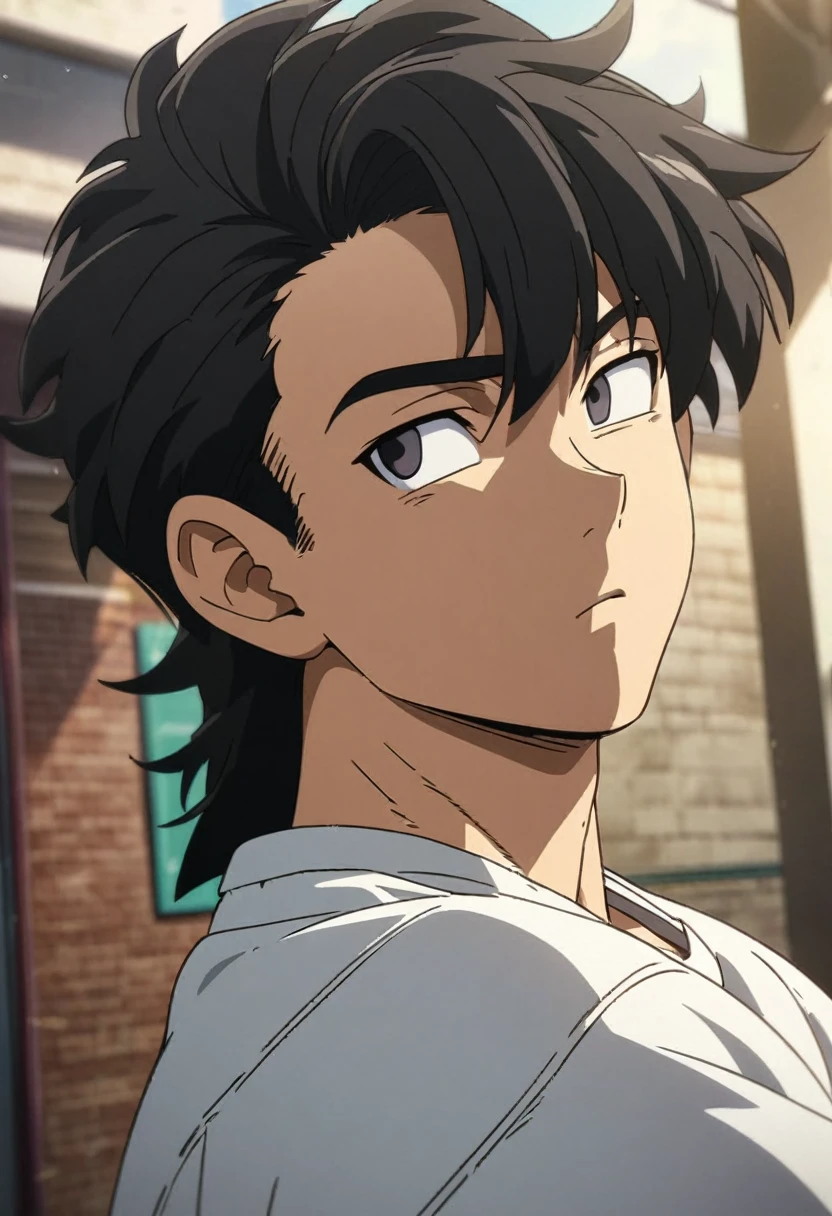 A highschool boy, handsome, perfect body, black hair, short hair, mullet, black eyes, upturned eyes, expressionless, white shirt, anime, first-person view, dragonball art style, masterpiece, anatomically correct, high details, highres, best quality, super detail, 1080P