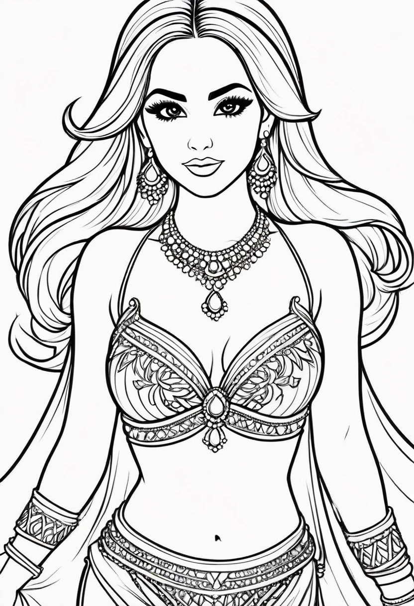 arte em linha, outline only, comic style, bellydancer, belly dancer, coloring book page, black and white only, no colors, no shadows, chibi style, without background, bellydancer, cartoon, kids coloring book, other positions, entyre body, Dubay Glamour, luxurious clothes, and crystal shoes