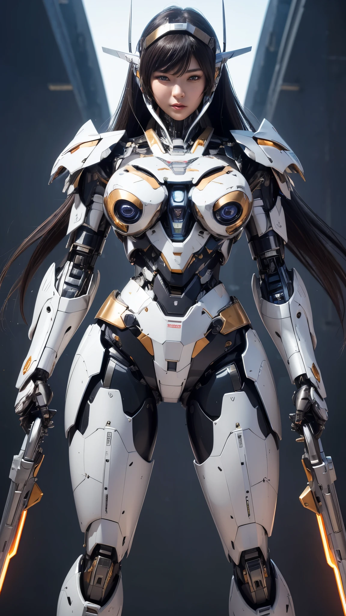 Textured skin, Super Detail, high details, High quality, Best Quality, hight resolution, 1080p, hard disk, Beautiful,(Super Heroine),(Mecha Queen),Oppai Missile,beautiful cyborg woman,Mecha Cyborg Girl,Battle Mode,Girl with a Mecha Body,She wears a battle cyborg mech with a weapon,Fulll body Shot