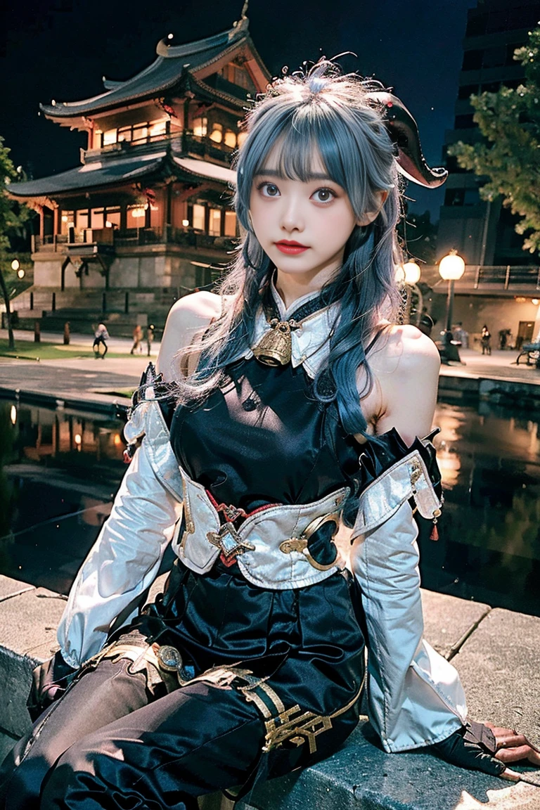 master piece, Best Quality, (ganyu) , (GenshinImpact), ((Light blue hair)) , 1girl in, Ahoge, architecture, Bare shoulders, bell, Black Gloves, Black pantyhose, blush, breasts, Chinese knot, Detached sleeves, East Asian Architecture, flower knots, gloves, Horns, Long hair, Looking at Viewer, medium breasts, Neck bell, Night, Outdoors, pantyhose, Purple eyes, side locks , tassels, White sleeves, Convoluted , Caustics, Subsurface scattering, 18yearold