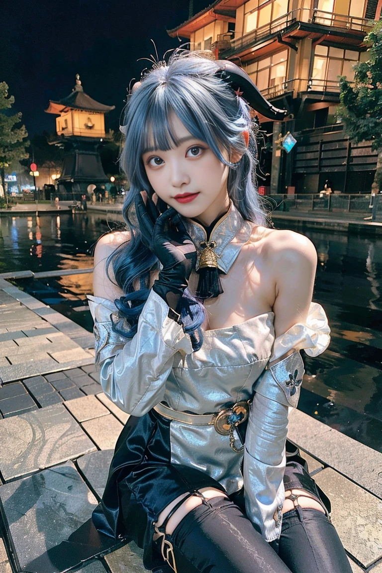 master piece, Best Quality, (ganyu) , (GenshinImpact), ((Light blue hair)) , 1girl in, Ahoge, architecture, Bare shoulders, bell, Black Gloves, Black pantyhose, blush, breasts, Chinese knot, Detached sleeves, East Asian Architecture, flower knots, gloves, Horns, Long hair, Looking at Viewer, medium breasts, Neck bell, Night, Outdoors, pantyhose, Purple eyes, side locks , tassels, White sleeves, Convoluted , Caustics, Subsurface scattering, 18yearold