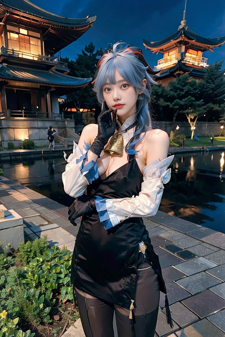 master piece, Best Quality, (ganyu) , (GenshinImpact), ((Light blue hair)) , 1girl in, Ahoge, architecture, Bare shoulders, bell, Black Gloves, Black pantyhose, blush, breasts, Chinese knot, Detached sleeves, East Asian Architecture, flower knots, gloves, Horns, Long hair, Looking at Viewer, medium breasts, Neck bell, Night, Outdoors, pantyhose, Purple eyes, side locks , tassels, White sleeves, Convoluted , Caustics, Subsurface scattering, 18yearold
