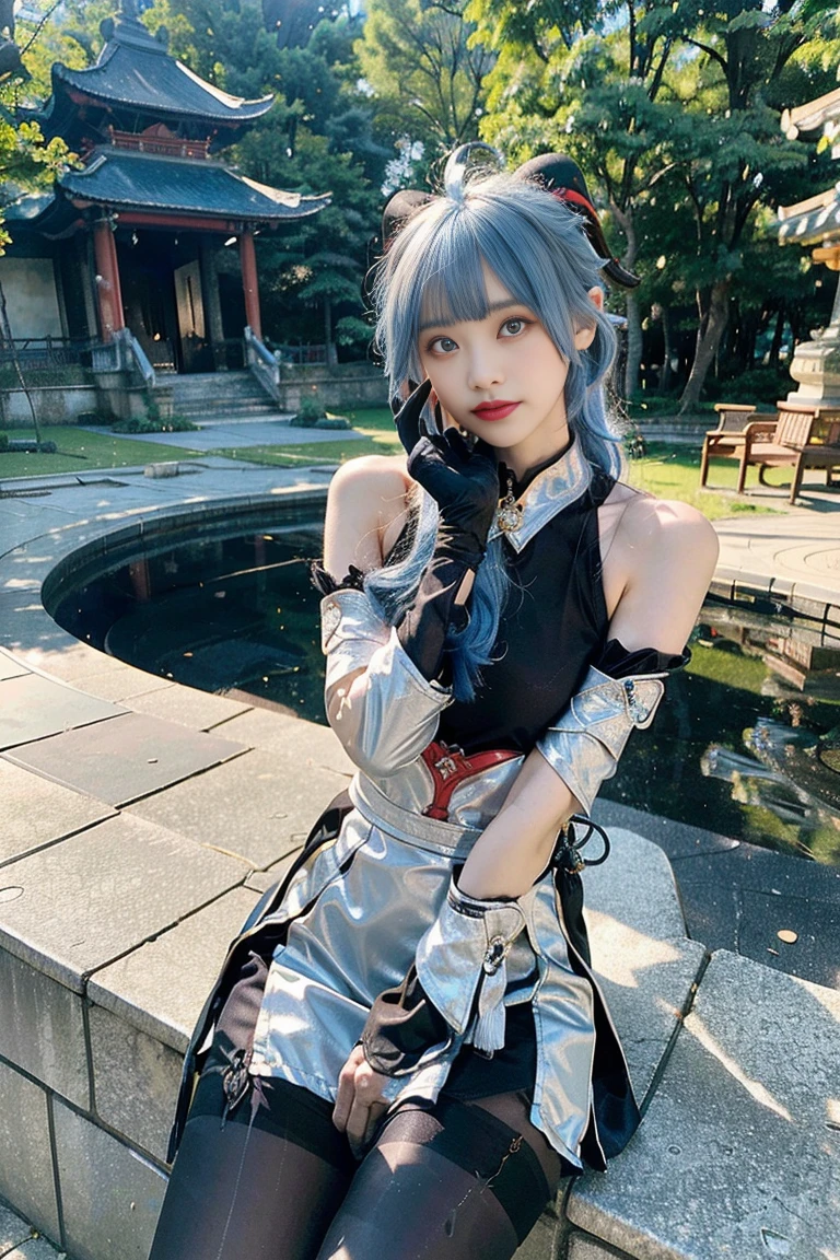 master piece, Best Quality, (ganyu) , (GenshinImpact), ((Light blue hair)) , 1girl in, Ahoge, architecture, Bare shoulders, bell, Black Gloves, Black pantyhose,  blush, breasts, Chinese knot, Detached sleeves, East Asian Architecture, flower knots, gloves, Horns, Long hair, Looking at Viewer, medium breasts, Neck bell, Night, Outdoors, pantyhose, Purple eyes, side locks , tassels,  White sleeves, Convoluted ,  Caustics, Subsurface scattering, 18yearold