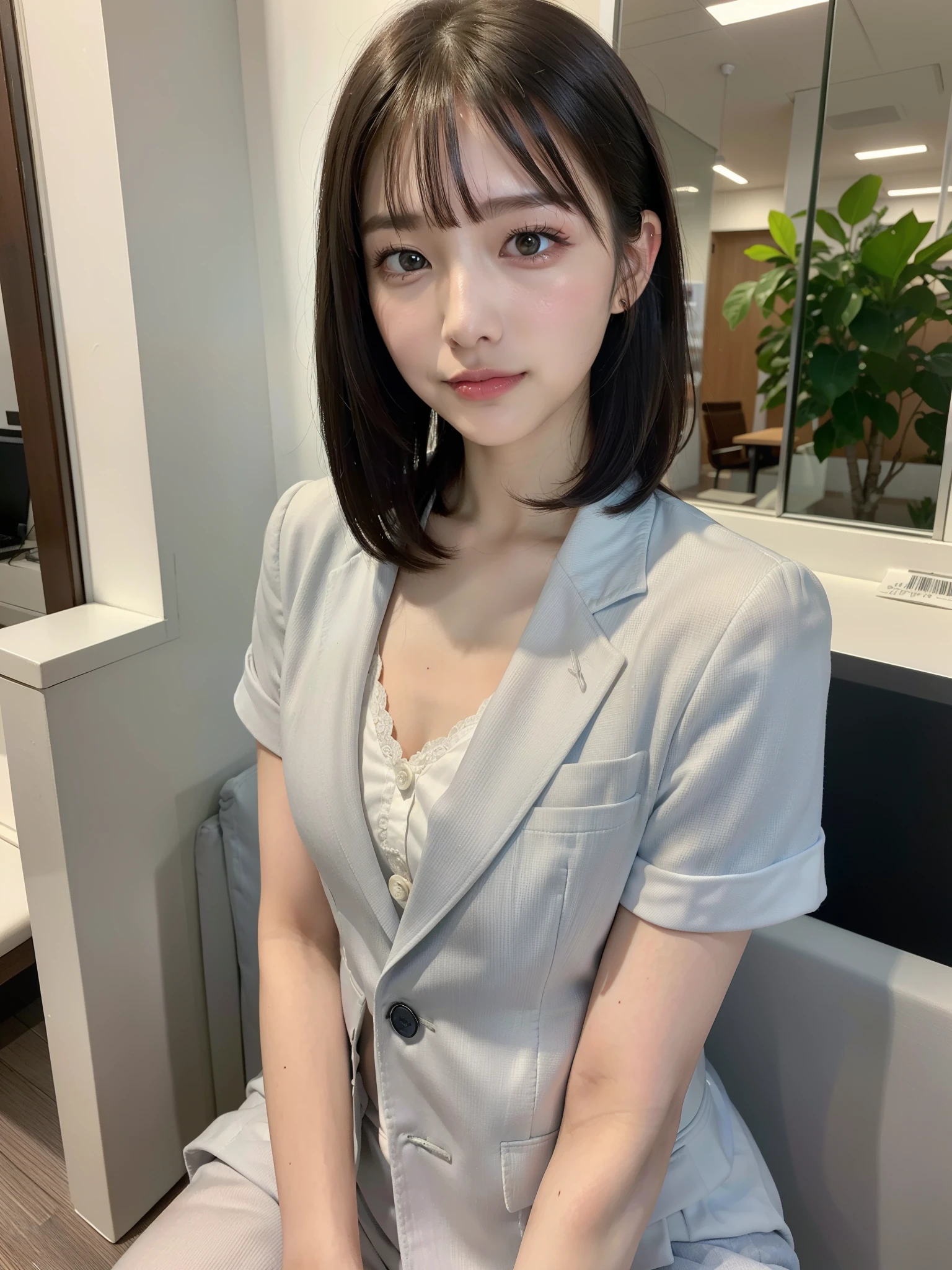 ((Best of the highest quality, 8k, Masterpiece, raw photo: 1.3)), Sharp focus: 1.2, (1 AESPA, slim body type female, 21 y/o: 1.1), (Solo: 1.2), (realistic, photo-realistic:1.37), face focus, cute face, finely eyes, (droopy eyes: 1.32), (Emphasize prominent aegyo-sal with bright: 1.2), shimmering eyeshadow applied under the lower lash line, paired with thick, (small breasts, flat chest: 1.3), (short messy hair, bangs: 1.2), (business suit: 1.28), sitting terrace office, sun light, flower