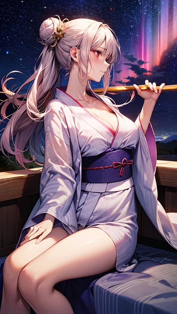 ((Highest quality)), ((High resolution)), ((masterpiece)), (detailed),
Written boundary depth, Anatomically correct, One mature woman, Perfect Face, profile, Shiny skin,
(Long Hair:1.5, Half-up hairstyle, Bun Hair), Red eyes, Long eyelashes, (Big Breasts:0.9),
Beautiful Hair, Beautiful Face, Beautiful details, Beautiful clavicle, Beautiful body, Beautiful breasts, Beautiful thighs, Beautiful legs,
(Pink see-through yukata, White band),
(Beautiful views), Starry Sky, nebula, milky way, Aurora,