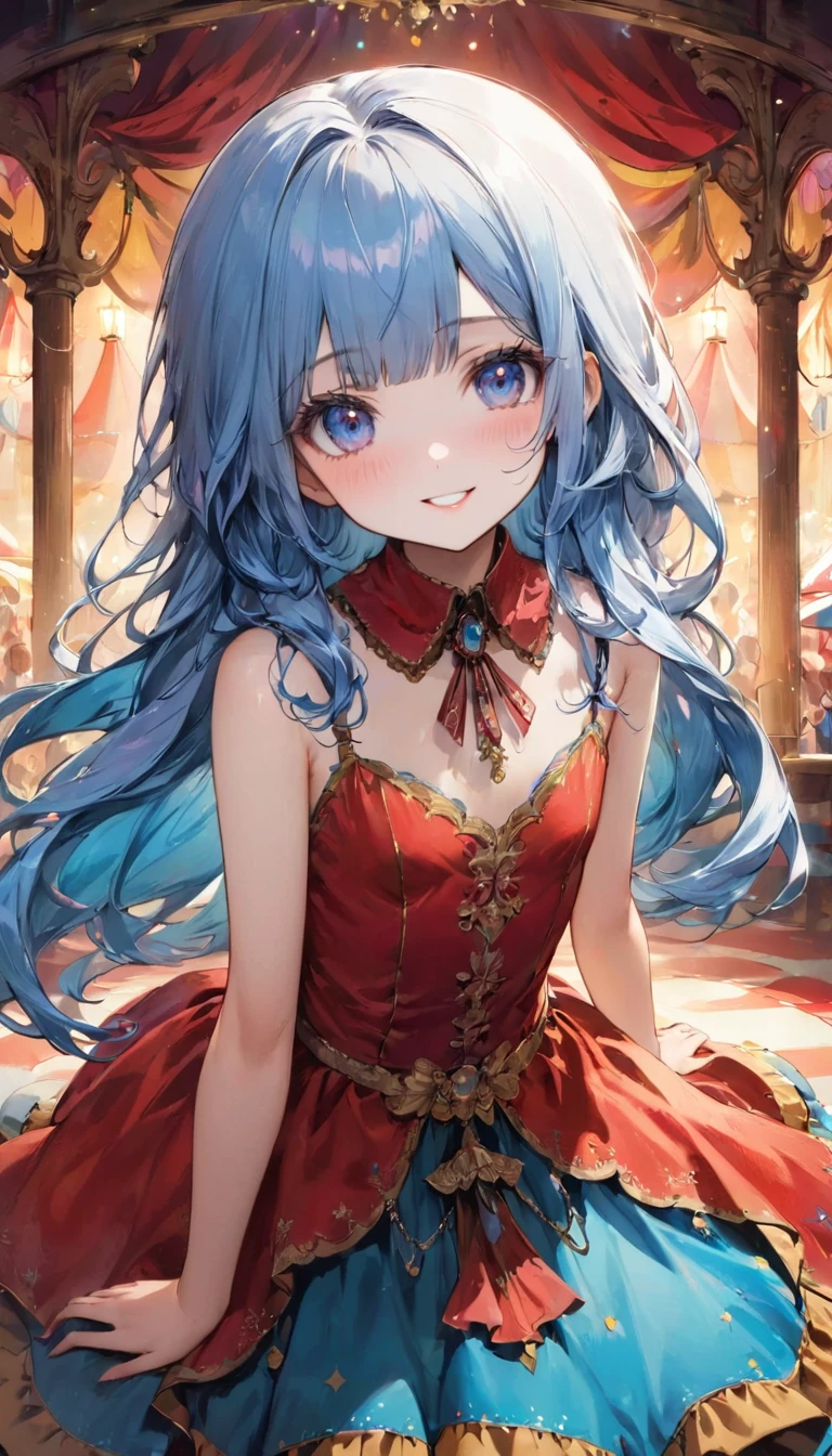 masterpiece, best quality, extremely detailed, (illustration, official art:1.1), 1 girl ,(((( pale blue long hair)))), ,(((( light blue long hair)))),light blue hair, , long hair ((blush)) , cute face, big eyes, masterpiece, best quality,(((((a very delicate and beautiful girl))))),Amazing,beautiful detailed eyes,blunt bangs((((little delicate girl)))),tareme(true beautiful:1.2), sense of depth,dynamic angle,,,, affectionate smile, (true beautiful:1.2),Young Girl,(tiny 1girl model:1.2),)(flat chest),(best quality,4k,high resolution,masterpiece:1.2),Ultra-detailed,A cute girl with brightly colored eyes,lol,joy,Vintage glasses,in a circus environment,illustration, - She wears a retro circus themed outfit,Bold patterns and colors。 - Colorful decorations hanging around,and sparkling lights。 - She stands on a colorful platform,In the background is an old-fashioned circus stand。 The colors are bright and lively,Mix of warm and cool colors。