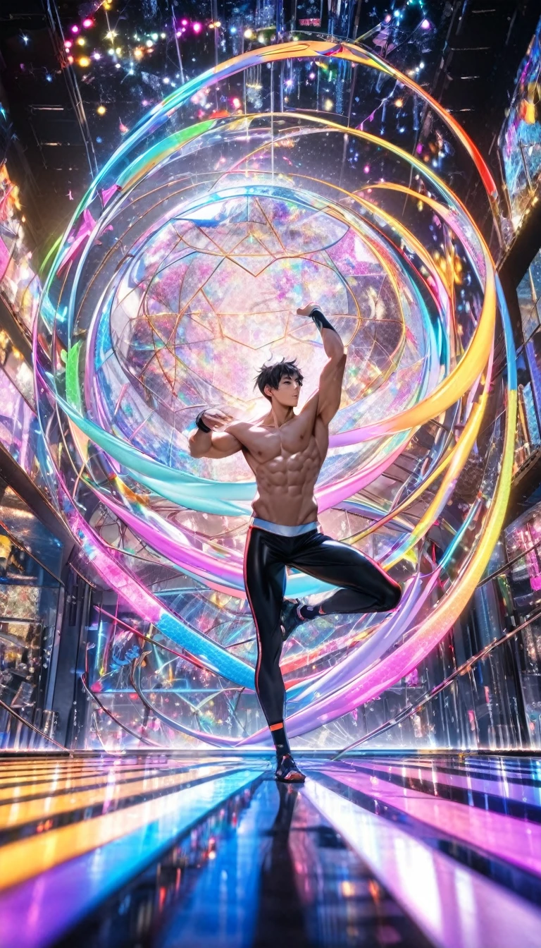 (Highest quality:1.2),One man,alone,Are standing_Split,whole body, Photo of a Japanese man in his 20s made of shiny white and silver translucent glass and plastic,Muscular and shirtless, Silver metal interior, Dynamic pose, Flow organic structure, A sparkling golden circuit, colorful Neon decoration, Ball of Light, Illumination, Illumination回路, Neon decoration, Depth of Field Focus F/2.8, H&#39;art.right. liver, Greg rightutowski
