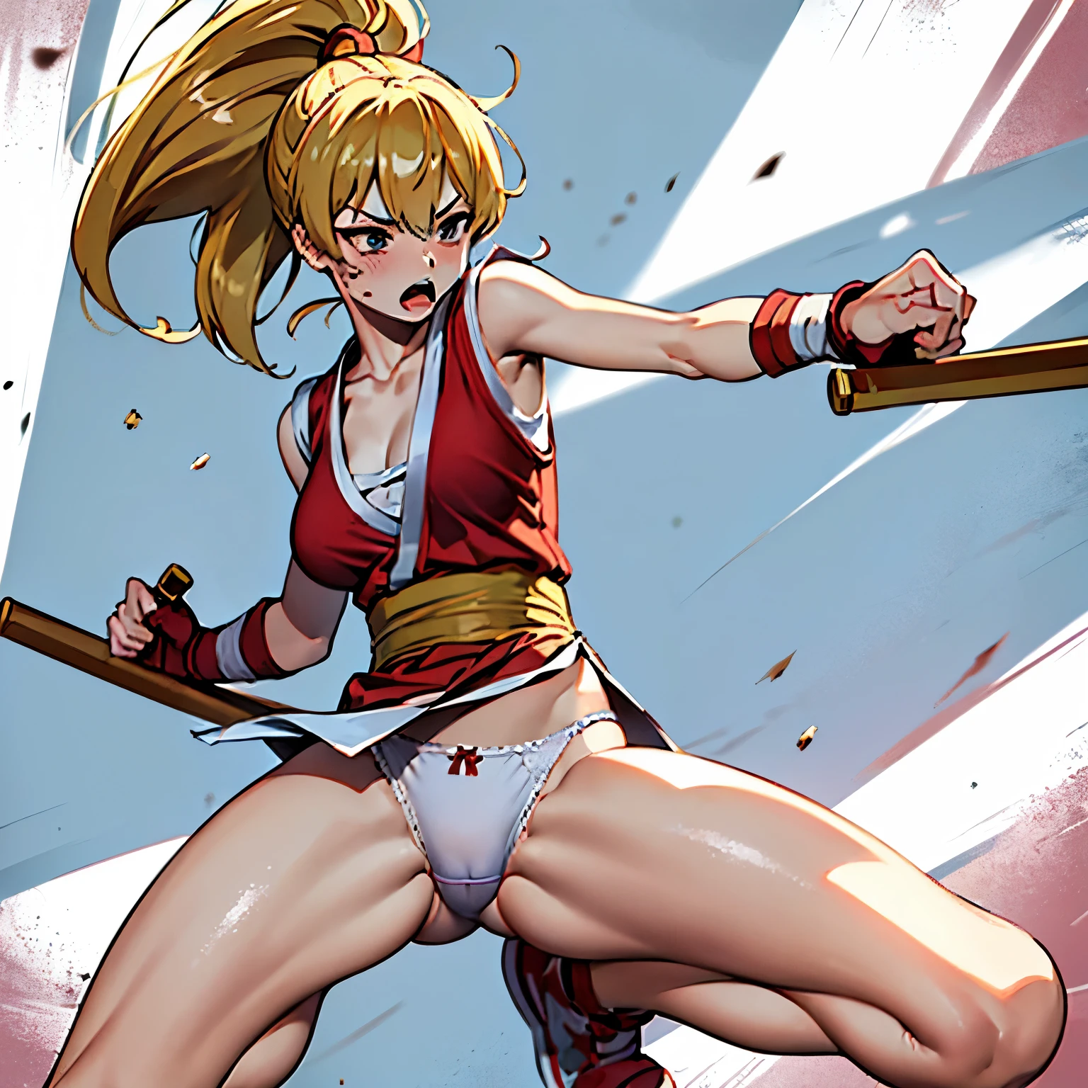 Maki Genryusai open thighs,makims,squatting,shoot from below,((white panties)),screaming,solo,Torn Clothes, ninja, pelvic curtain, japanese clothes, sash, gloves, cleavage, bandages, tonfa,(masterpiece:1.2), best quality, high resolution, unity 8k wallpaper,extremely detailed face, perfect lighting, extremely , (perfect hands, perfect anatomy),