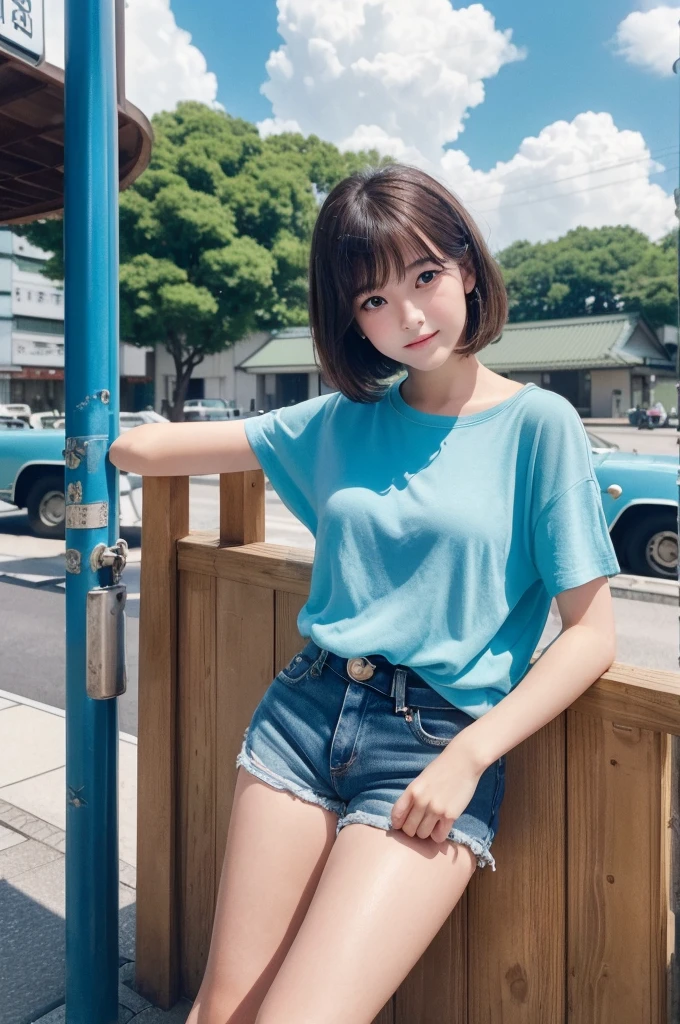 (1 Girl )、(Beautiful Japanese、18years old,round face、Refreshing、clear、seems kind、stylish、Pitiful、cute like an angel、cute、black eyes、(Single eyelid:1.3)、Beautiful skin), {(Japan human face:1.4),(General facial features)} , (((Beautiful breasts:0.4))),(((soft breasts))),(very cute),(short bob hair),(enchanting eyes),(highlight on eyes:1.2)、(8K、Live shooting、highest quality、masterpiece:1.2、optimal lighting)、((masterpiece)),(Photo taken by a professional photographer),(real、photo real:1.4),BREAK,{(whiteTank top shirt), (jean shorts)},(cheeks are red:1.3), BREAK, BREAK,Smile:1.3、 face close-up,Looking at viewer,lonly face:1.4、Japan、Summer、from above、bus stop,Blue sky, cumulonimbus clouds,(((1970s vibe)))、Hands clasped behind back