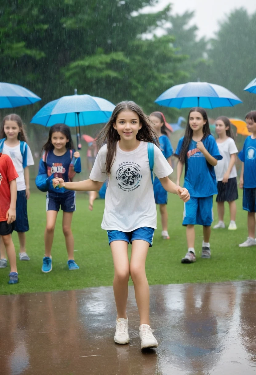Italy. A realistic image of a 13-year-old girl at a summer recreational center at a sports facility, surrounded by many children. She is wearing shorts and a t-shirt, which are slightly damp from the light drizzle. The sky is very cloudy, indicating an overcast day, and there is a gentle rain falling. The girl is at the center of the image, engaging with the children around her. Some children may be holding umbrellas or wearing raincoats. The background shows various sports equipment and activities typical of a summer camp, such as a soccer ball, jump ropes, and hula hoops. The setting includes a mix of grassy areas and playground structures, all slightly wet from the rain. The overall atmosphere is lively and cheerful despite the rainy weather