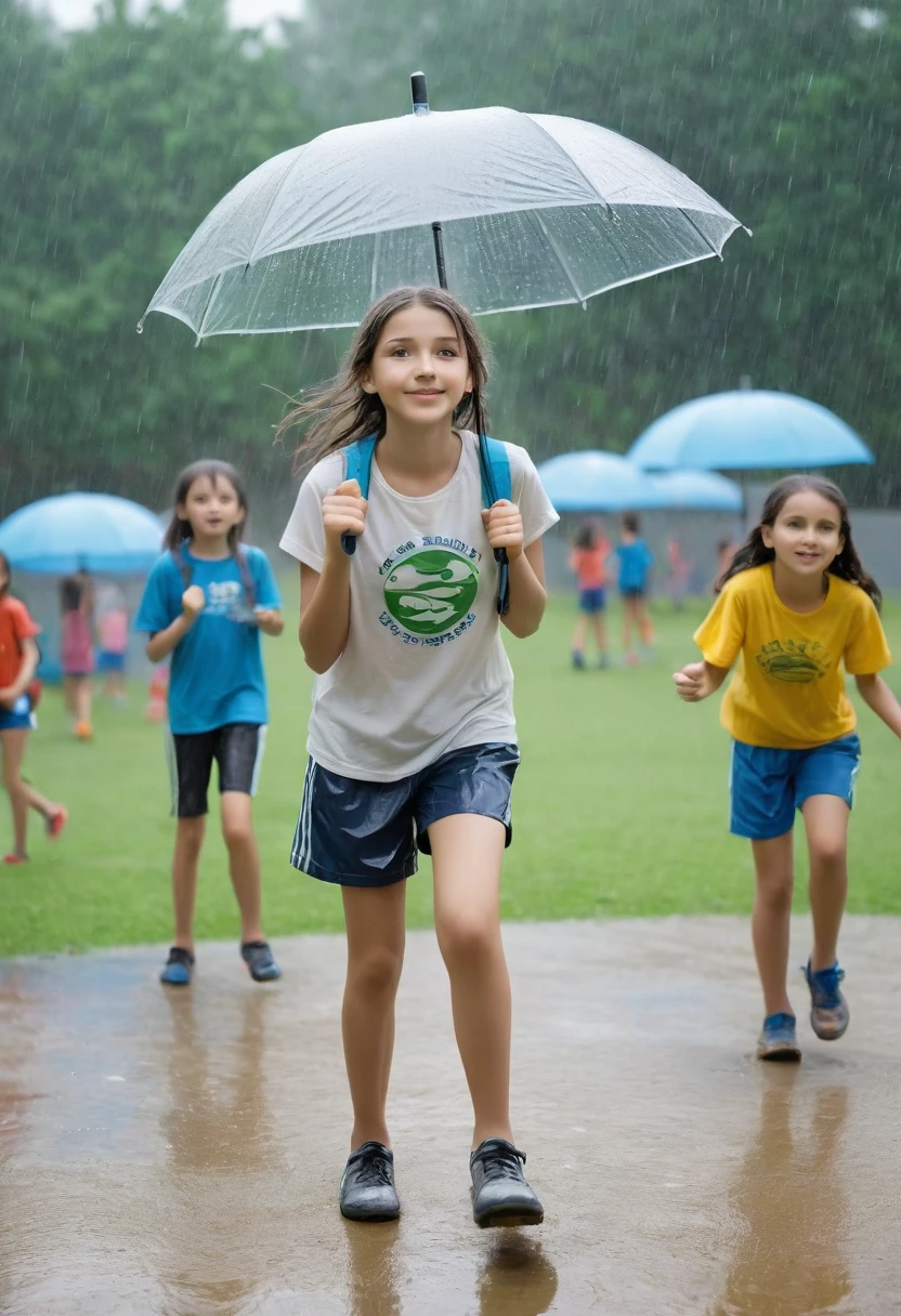 Italy. A realistic image of a -yeld giat a summer recreational center at a sports facility, surrounded by many children. She is wearing shorts and a t-shirt, which are slightly damp from the light drizzle. The sky is very cloudy, indicating an overcast day, and there is a gentle rain falling. The girl is at the center of the image, engaging with the children around her. Some children may be holding umbrellas or wearing raincoats. The background shows various sports equipment and activities typical of a summer camp, such as a soccer ball, jump ropes, and hula hoops. The setting includes a mix of grassy areas and playground structures, all slightly wet from the rain. The overall atmosphere is lively and cheerful despite the rainy weather