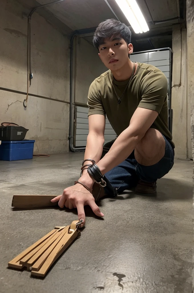 A handsome young investigator lies on the concrete floor in a basement。The limbs are restrained in shackles