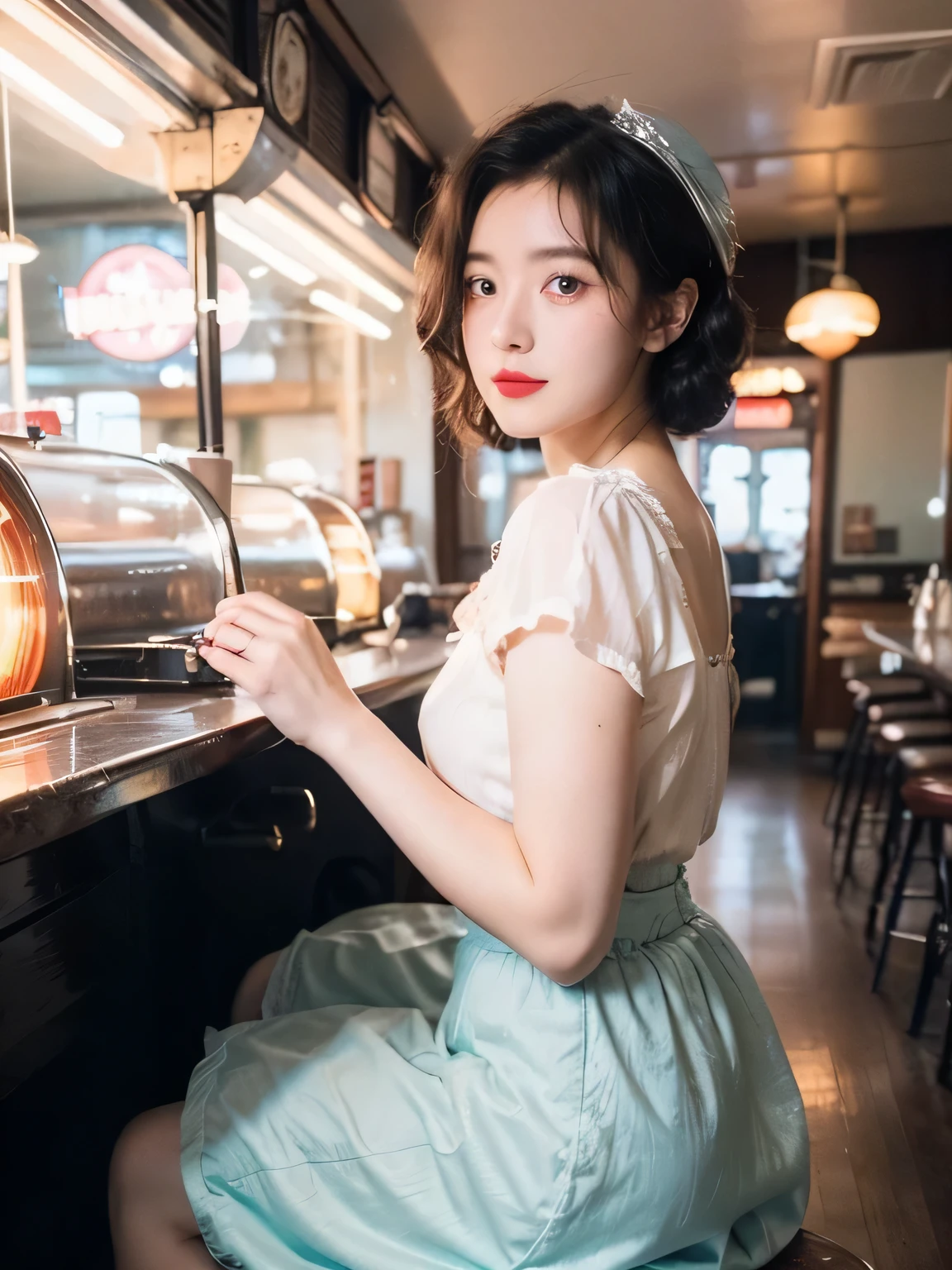 1girl dressed in a 1950s-inspired dress, complete with a full skirt and petticoat, her hair styled in classic pin curls. She should be seated at an old-fashioned diner, surrounded by vintage details like a jukebox, chrome accents, and neon signs. Her eyes should be sparkling with excitement, her skin flawless and glowing under the soft, dramatic lighting. This scene should be captured on 35mm film, with a beautiful depth of field and a slightly blurry, nostalgic background,, filmg,