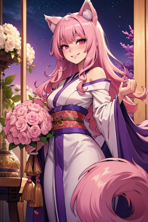 young pink haired wolf woman with violet eyes with an hourglass figure and pink wolf ears and a pink wolf tail in a pretty kimono is holding a bouquet of white roses while watching the stars with a smile and a blush
