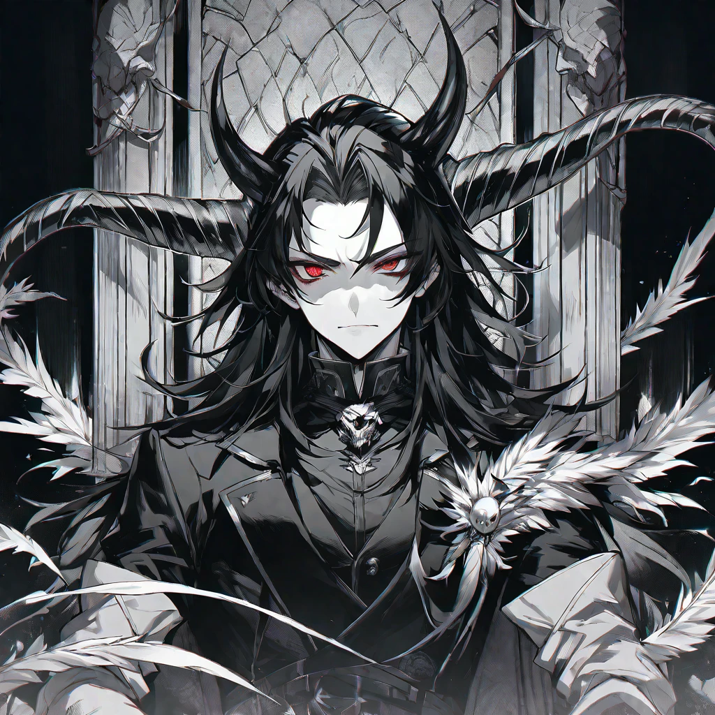 solo,handsome, monochrome,
1.male, 
Gojo Satoru,
bangs, straight hair, long hair,bobbed hair, black hair,
Red eyes, Odd Eye, Devil, Devil's Horn, Devil's Feather, 
a black coat, 
Throne, blood,Face up,
black background