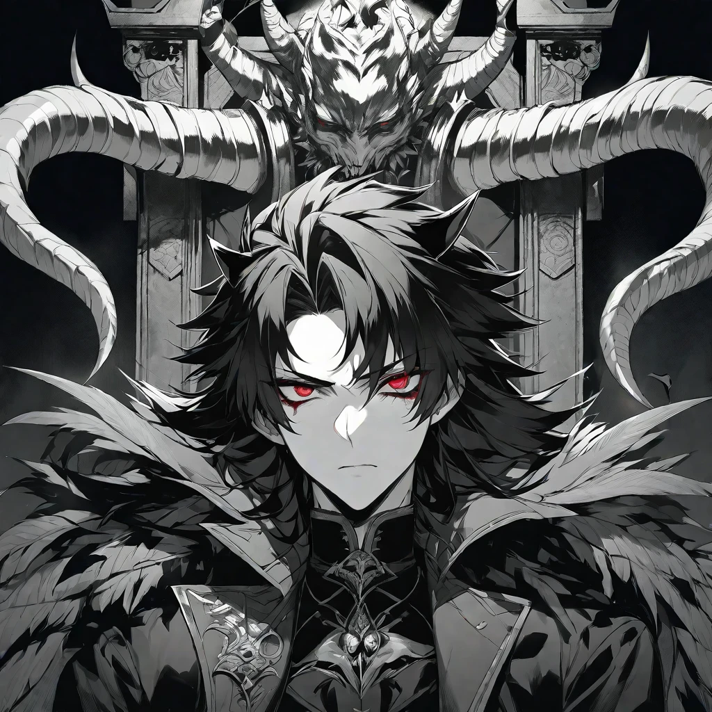solo,handsome, monochrome,
1.male,
Gojo Satoru,
bangs, straight hair, long hair,bobbed hair, black hair,
Red eyes, Odd Eye, Devil, Devil's Horn, Devil's Feather,
a black coat,
Throne, blood,Face up,
black background
