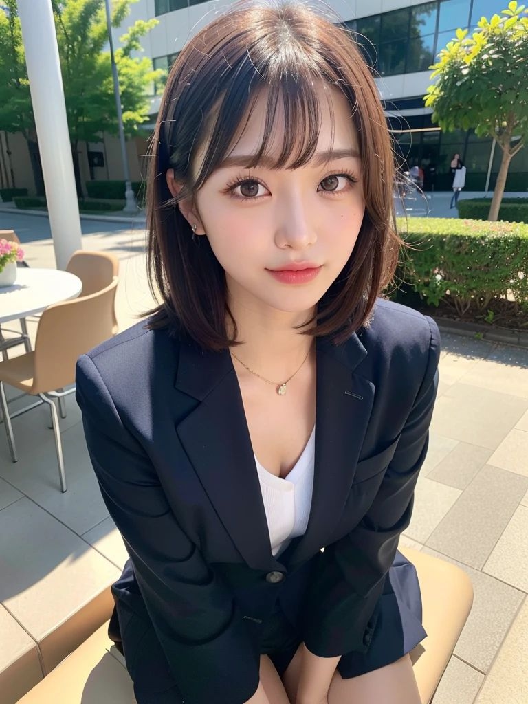 ((Best of the highest quality, 8k, Masterpiece, raw photo: 1.3)), Sharp focus: 1.2, (1 AESPA, slim body type female, 21 y/o: 1.1), (Solo: 1.2), (realistic, photo-realistic:1.37), face focus, cute face, finely eyes, (droopy eyes: 1.32), (Emphasize prominent aegyo-sal with bright: 1.2), shimmering eyeshadow applied under the lower lash line, paired with thick, (small breasts, flat chest, thigh: 1.3), (short messy hair, bangs: 1.2), (business suit: 1.28), sitting terrace office, sun light, flower