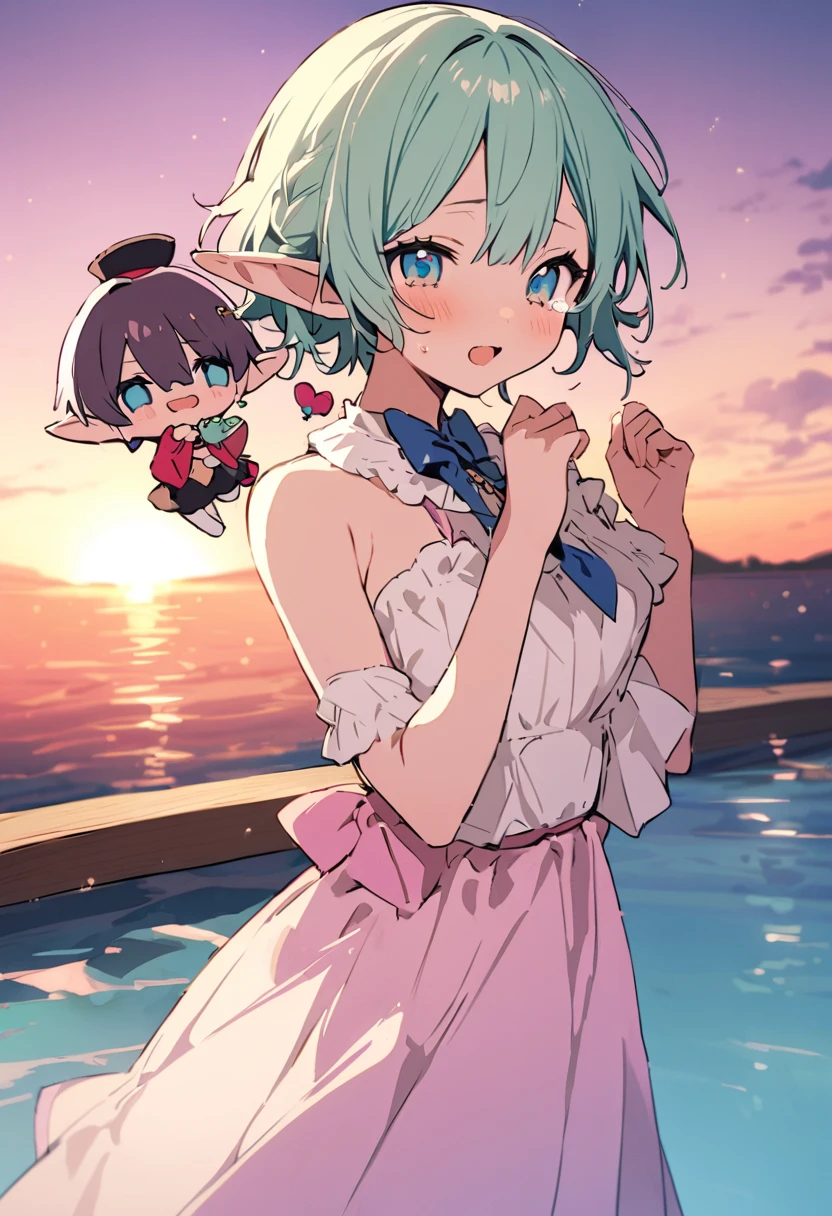 masterpiece, Highest quality, Illustration of the novel, High resolution, 18+ Adult content, Sensual, Intimate, Emotional, Passionate, romantic, sweet, Adorable, Innocent, Pure, Charmな, Charmな, Charm, mysterious, Charmな, Charmな, Immersive, Charmな, dream-like, Surreal, Imaginative, Whimsical, Artistic, Avant-garde, timeless, elegant, Sophisticated, chic, Sophisticated, personality, original, Charmな,(( Elf:1.3)),((Beautiful Tears))、Upper Body、(Little),((Sunrise Time/Sunrise time/sunrise time:1.3))