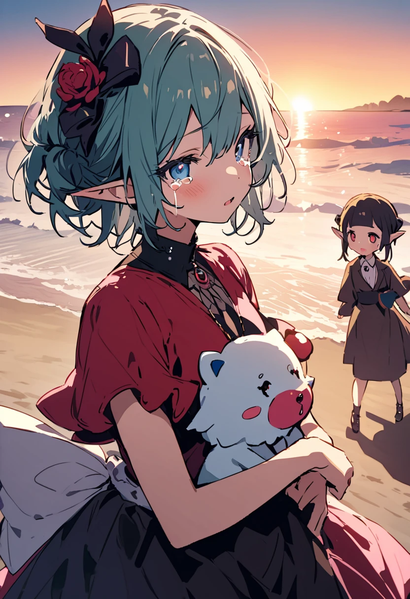 masterpiece, Highest quality, Illustration of the novel, High resolution, 18+ Adult content, Sensual, Intimate, Emotional, Passionate, romantic, sweet, Adorable, Innocent, Pure, Charmな, Charmな, Charm, mysterious, Charmな, Charmな, Immersive, Charmな, dream-like, Surreal, Imaginative, Whimsical, Artistic, Avant-garde, timeless, elegant, Sophisticated, chic, Sophisticated, personality, original, Charmな,(( Elf:1.3)),((Beautiful Tears))、Upper Body、(Little),((Sunrise Time/Sunrise time/sunrise time:1.3))