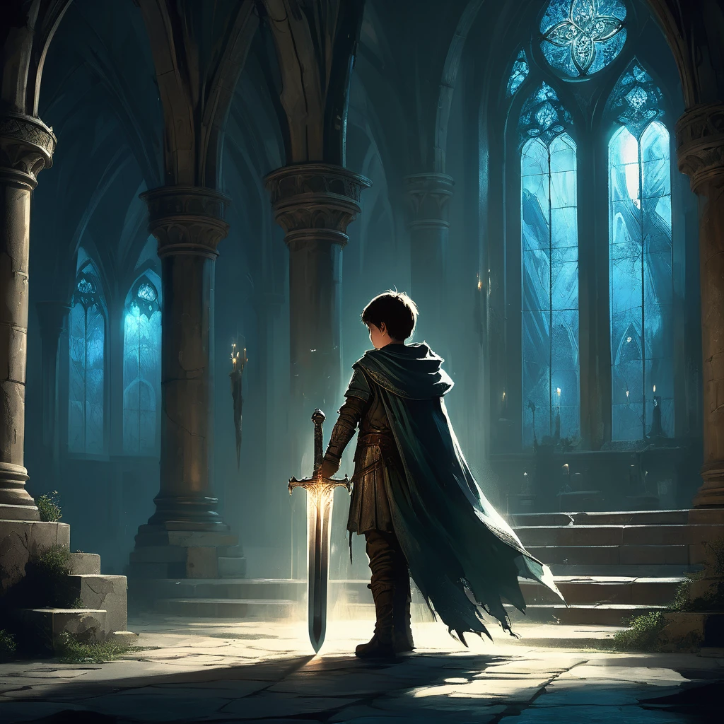 Imagine a young boy standing alone in the darkness of an ancient cathedral, illuminated only by the faint glow of candlelight that flickers against the towering stone walls. In his hands, he grips an ancient sword, its blade etched with intricate runes that shimmer with a faint, otherworldly light. The hilt is worn but sturdy, wrapped in weathered leather that speaks of countless battles fought and victories won. Shadows dance around him, cast by ornate stained glass windows depicting scenes of valor and myth. Dust motes drift through the air, creating an ethereal atmosphere as he gazes ahead with determination. The cathedral echoes with a solemn silence, broken only by the distant echo of footsteps and the faint whispers of history. Capture the sense of mystery and destiny as this young boy stands at the threshold of a great quest, where the ancient sword in his hands may hold the key to unlocking untold secrets in the medieval fantasy world."