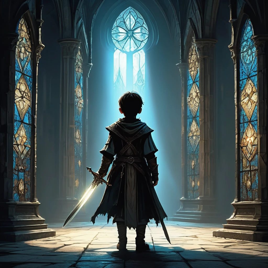 Imagine a young boy standing alone in the darkness of an ancient cathedral, illuminated only by the faint glow of candlelight that flickers against the towering stone walls. In his hands, he grips an ancient sword, its blade etched with intricate runes that shimmer with a faint, otherworldly light. The hilt is worn but sturdy, wrapped in weathered leather that speaks of countless battles fought and victories won. Shadows dance around him, cast by ornate stained glass windows depicting scenes of valor and myth. Dust motes drift through the air, creating an ethereal atmosphere as he gazes ahead with determination. The cathedral echoes with a solemn silence, broken only by the distant echo of footsteps and the faint whispers of history. Capture the sense of mystery and destiny as this young boy stands at the threshold of a great quest, where the ancient sword in his hands may hold the key to unlocking untold secrets in the medieval fantasy world."