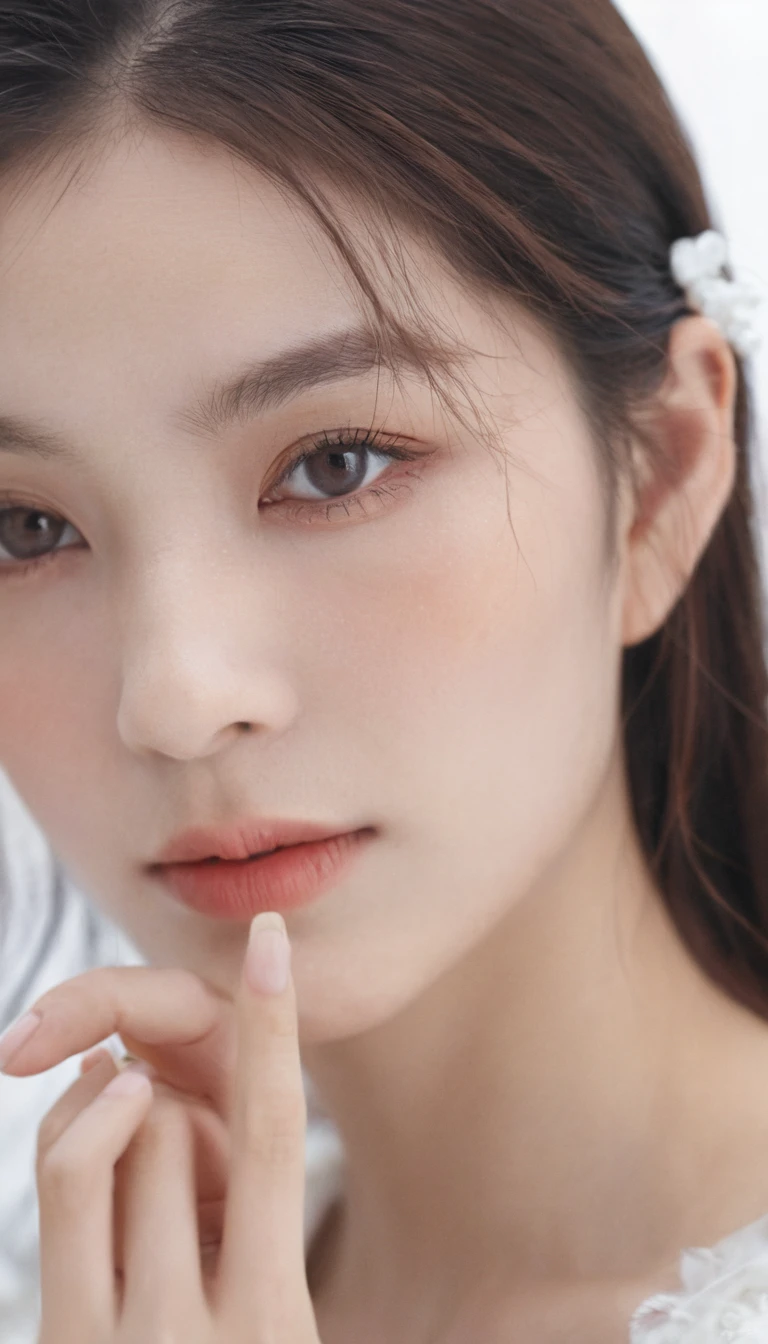 xxmixgirl, Analog Style, Eye focus, Highest quality, (Very detailed skin), Exquisitely beautiful white skin photos, 24-years-old, Perfect Face, Captivating eyes, (Seductive makeup: 1.3), Skin pores, (Bokeh:1.5), Sharp focus, Dappled Lighting, (Backlight), Film Grain, (Very detailed, Exquisitely crafted), 8K, High resolution, Front view, Studio Light, Very detailed顔, Fine grain, (double eyelid: 1.4), Aristogle, Brown eyes, (commercial: 1.6), (Natural Makeup), ((White studio background: 2))、Summery white fashion