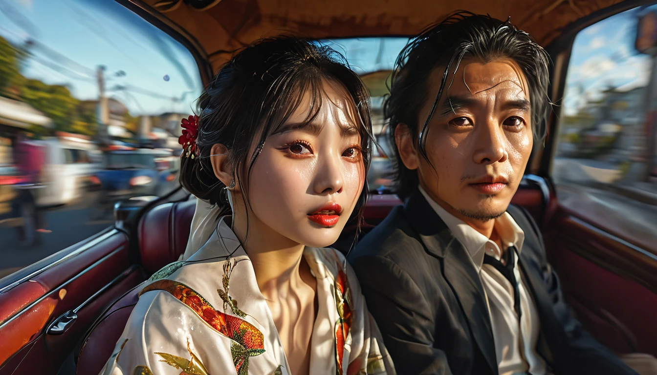 A rich middle-aged Japanese man and a young beautiful woman ride in an open car, Wide angle, 4K (man) high resolution, Sharp focus, (Super detailed, Very detailed), (Photorealistic artwork: 1.37), (Highly detailed CG Unity 8k wallpaper), (((vibrant colors, vibrant theme))), (Intricate), (Masterpiece), (Best quality), Art photography, (Photo by sldr), (Intricate background), Perfectly rendered face, Perfect facial details, Realistic face, Photorealistic, ((Intricate details)), (((Realism))), Full body, Wide field of view,