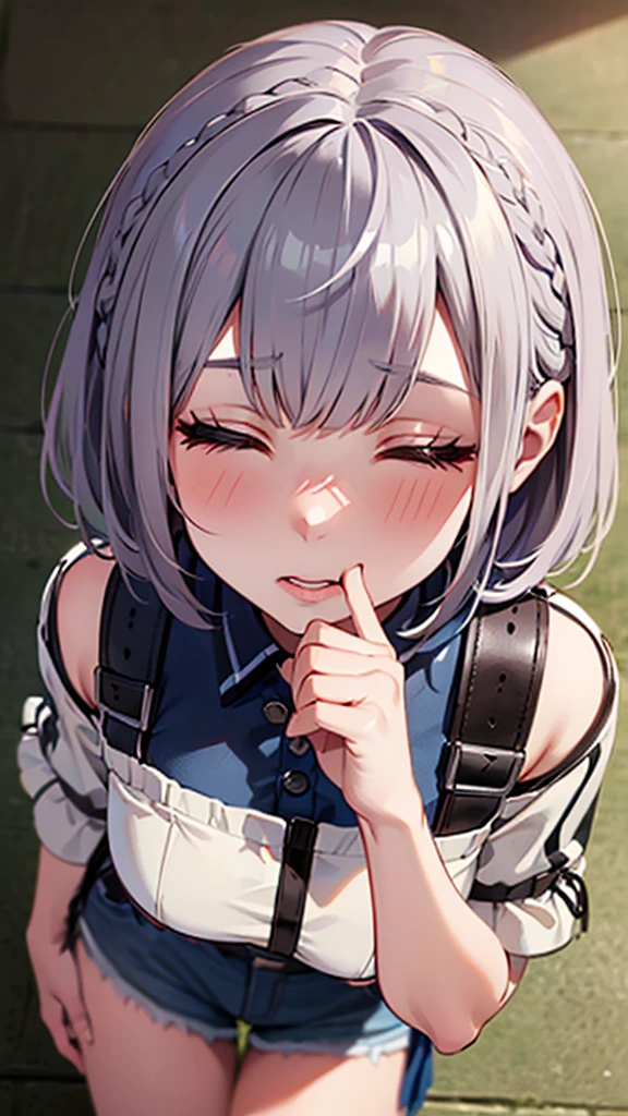 (masterpiece, best quality, ultra-highdetail), Silver braided short bob,1girl, (incoming kiss, face on focus, cowboy shot,from above,Embarrassed,Embarrassing,Close ~ eyes:1.2)
