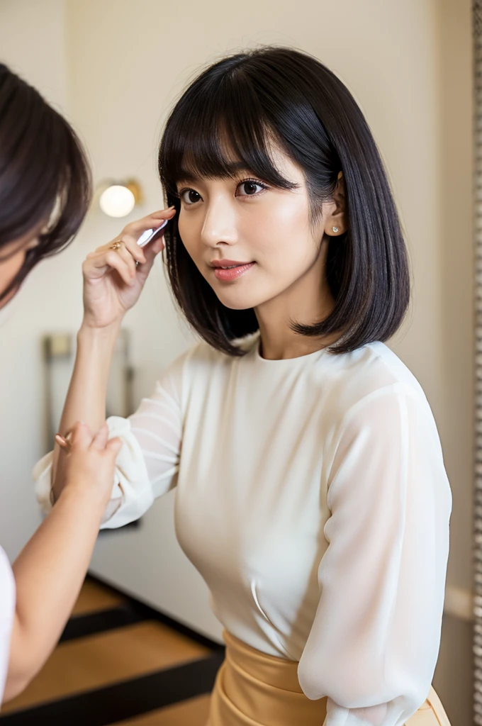 Suit, backstage at studio, talent agency manager,((full body)),((photo)),((best qualtiy, 8K, tmasterpiece:1.3)), Focus:1.2, perfect figure beautiful girl:1.4,1girl,cowboy shot,look at viewer,incredibly absurd, beautiful and cute girl with a photorealistic face, showcasing top-quality craftsmanship, A Japanese woman giving work instructions over the phone, 20 years old, shoulder-length bob cut, thick, straight black hair with bangs, shiny black hair, large eyes, round face, long eyelashes, soft smile, thin eyebrows, small nose, glossy lips, smooth skin, fair skin, fine-grained skin, tall, slender figure, well-balanced proportions, delicate limbs, small B-cup breasts, white blouse, black tight skirt, heeled pumps, watch, earrings, pretty older woman, beautiful, neat, fashionable, cheerful, positive, curious, sociable, responsible, highly trusted by those around her, October