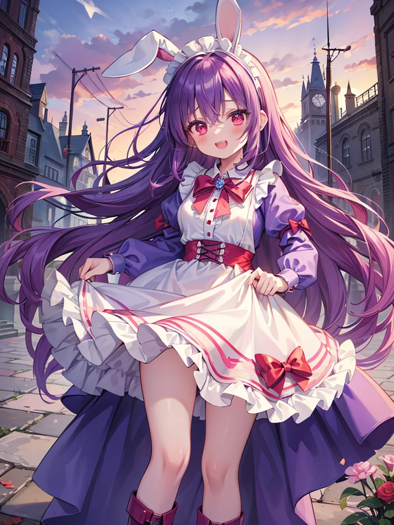 (masterpiece, best quality:1.4), detailed skin, detailed face, Alice(Alice in Wonderland), cute face, vampire princess, , 12-yo,
1girl, length hair, Red eyes, happy smile, (double teeth:1.6), (purple hair), (two side up), (shiny wavy hair), the bow, gothic dresses, crinoline, (Very big rabbit ears, hairband), long-sleeves, red blush, the bow hair, Hair Between Eyes, Panties Hose, Puffy Sleeves, Apron Dress, frilled, purple hem dress, wrist cuffs, neck ribbon, ((brooch)), buckle, ankle boots, flustered, (((girly running))),
wonderland, fantasy night, evening, fog:1.4, foggy city, european city,
